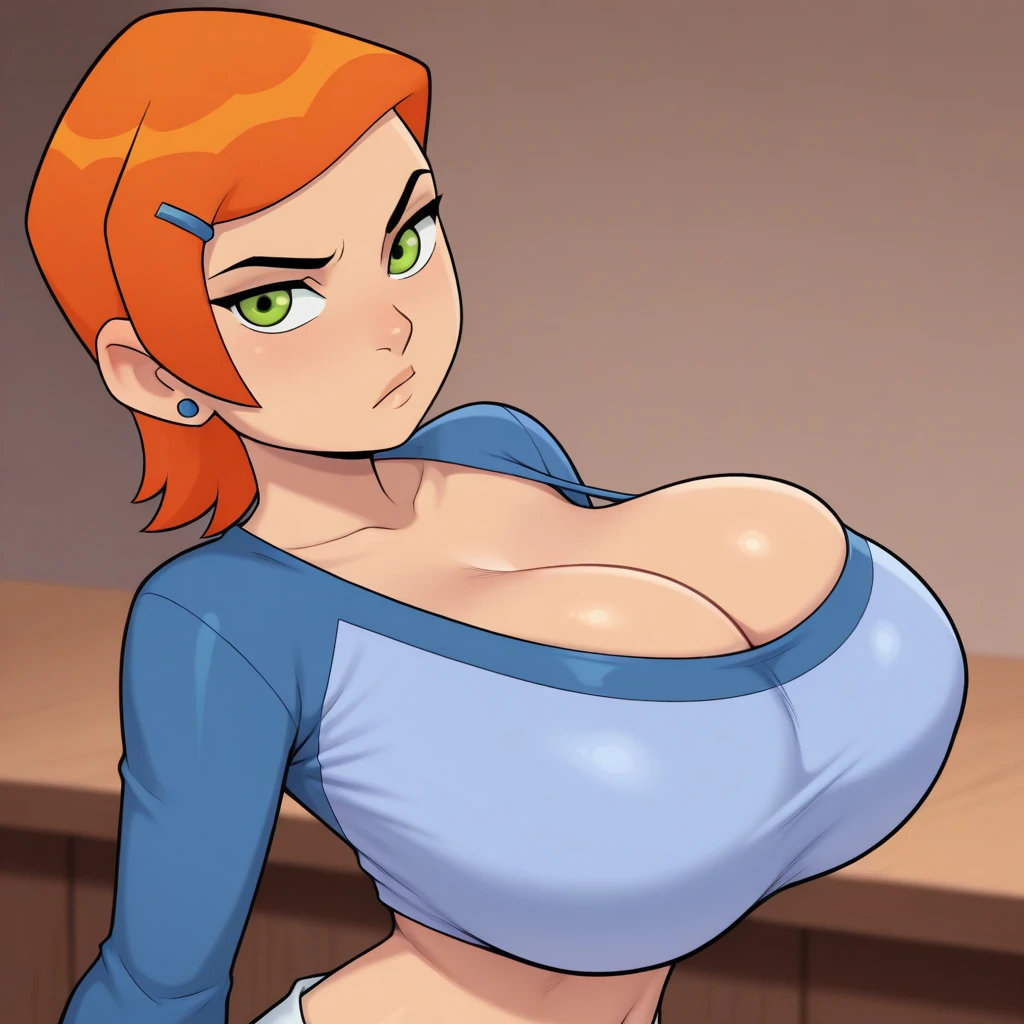 score_9, score_8_up, score_7_up, score_9, BREAK, kim possible, long hair, orange hair, green eyes, dark upper lip, black shirt, green cargo pants, exposed midriff, torn clothes, , hanging breasts, breasts bursting through clothes, , standing, exposed breasts,gigantic breasts, massive tits , exposed nipples,, enormous breasts, , , large areola, erect nipples, , simple background, exclamation mark, , bouncing breasts, question mark , 2D, source_cartoon, face blush, medium closeup, standing straight, baggy pants