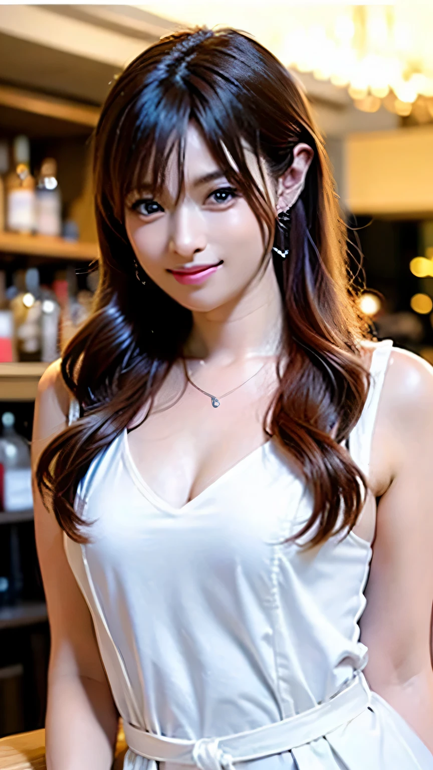 (Tabletop, highest quality, High resolution, , Perfect Pixel, 4K,), 1 girl, single, alone, Beautiful woman、I could see the whole body、 ((Wavy mid-length hair, bangs, Brown Hair)), ((Brown eyes, Beautiful eyelashes, Realistic eyes)), ((Detailed face, blush:1.2)), ((Smooth texture:0.75, Realistic texture:0.65, Realistic:1.1, Anime CG Style)), Medium Chest, Dynamic Angle, Perfect body, ((, female teacher, , Earrings、necklace、A thin, sheer white lace bra、Thin, sheer white lace thong、Black knee-high stockings、、A shy smile、sit at a desk in the classroom、Touch your buttocks with both hands)), Staring at someone、Leaning forward、、evening、、(、、、Angle from below)、