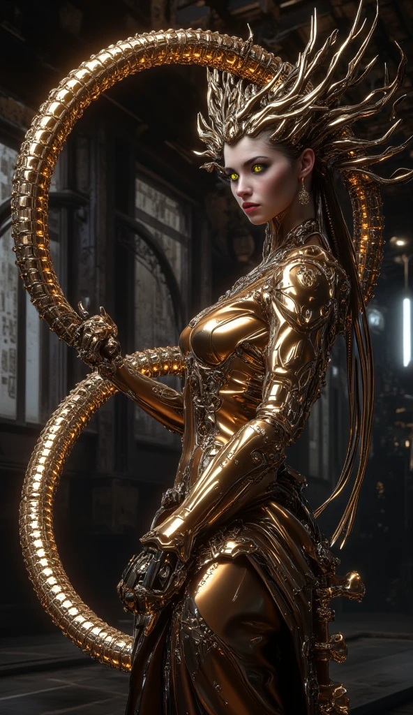 ((Best image quality, 8k, masterpiece: 1.3)), giantes concept, giant snake, giant snake queen, 1 Queen Medusa, Beautiful woman with slender abdominal muscles: 1.3, (casual hairstyle, Big without leaks: 1.2), Showing cleavage chest, (Snake scales: 1.1, ( Mermaid:1.2),(Long snake tail:1.3), Ultra-realistic golden scales, angry face, Super thin face, Delicate eyes, Double eyelids, Smooth skin and soft, Reflective Skin, they want, urban, Sitting, Sharp vision