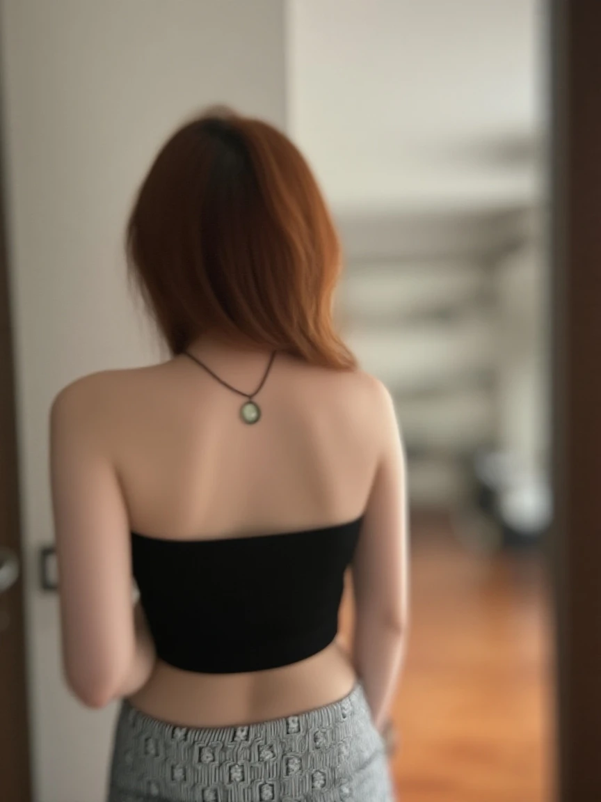 masterpiece, Highest quality, From below,Hoshizora Rin, Orange Hair, Yellow Eyes, alone, From behind, Cowboy Shot ,strapless leotard, View your viewers ,teeth , (exposed teeth cheeks:1,3), Hydrated, glowing skin , In my boyfriend's room ,Are standing