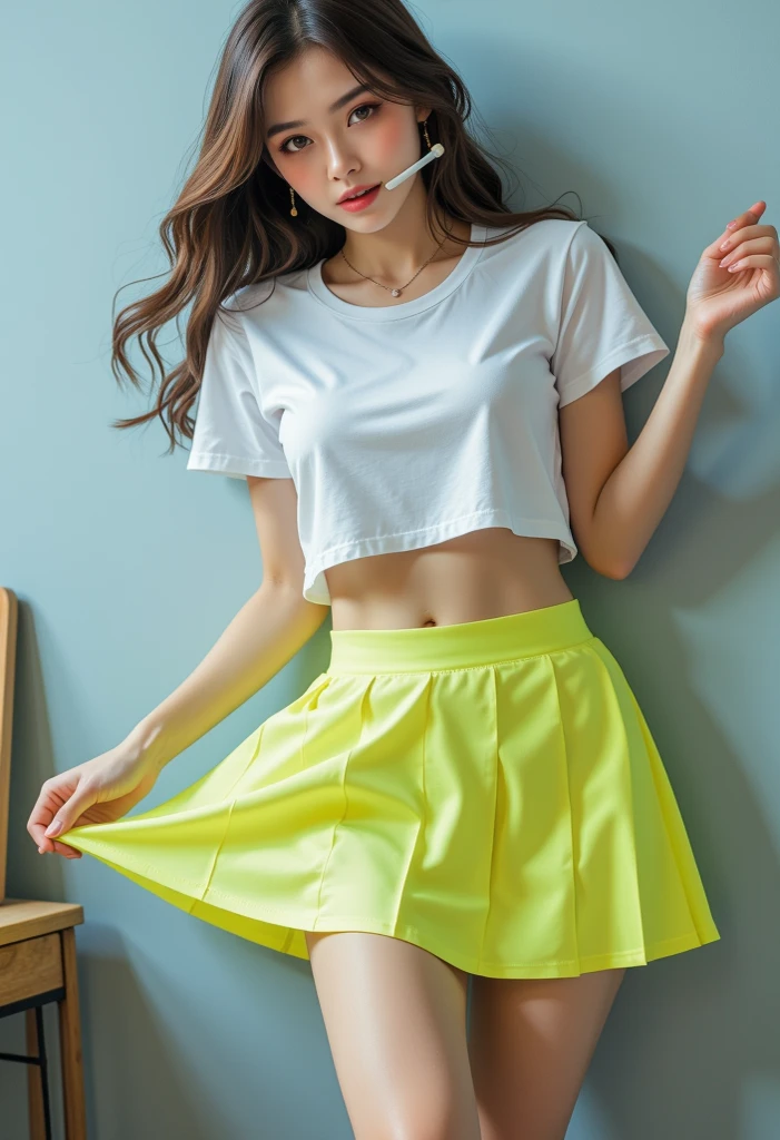 ((Full-Length Shot)),(best quality, high quality, sharp focus:1.4), realistic photo, beautiful blonde woman, photo studio, simple background, skinny, (narrow waist:1.1), (huge breasts:1.1), model face, (wearing Indian printed black top with yellow mini skater skirt), (Indian girl big , sexy legs), masterpiece, black tank top with yellow skirt, sexy face, sexy legs, adult poses
