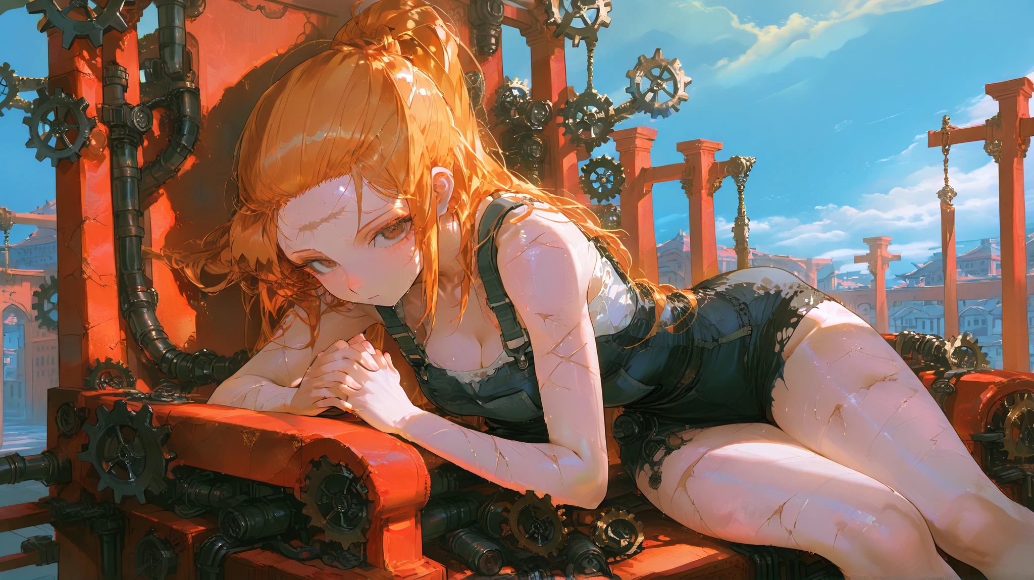 City、masterpiece、highest quality、1 girl、from behind、orange hair、ponytail、round red eyes、short hair、camisole、loincloth、smile