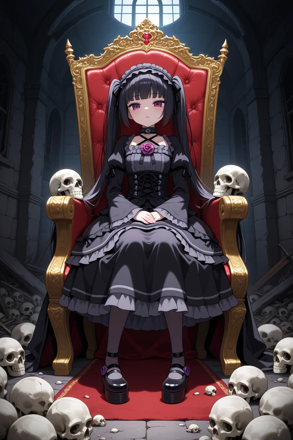 Black Hair、Black Feather、Gothic punk dress、Legs sticking out,Sit on a chair, Crossing your legs、Throne,anime zombie witch design, Crossbones, skull, Streetwear Design, Provector, Horror Style, Full Design, Only 6 colors, Solid Colors, No Shadow, Full Design, Stickers, Bright colors, White Background.Ultra-fine illustrations,(((Beautiful fine hair))),(((Beautiful Faces))),(((Beautiful background))),(((Beautiful fine hair))),(((Beautiful Faces))),(((Beautiful background)))、Black Hair、Blunt bangs,Undershot((Right hand white eye,Left eye purple)),Otto Eyes