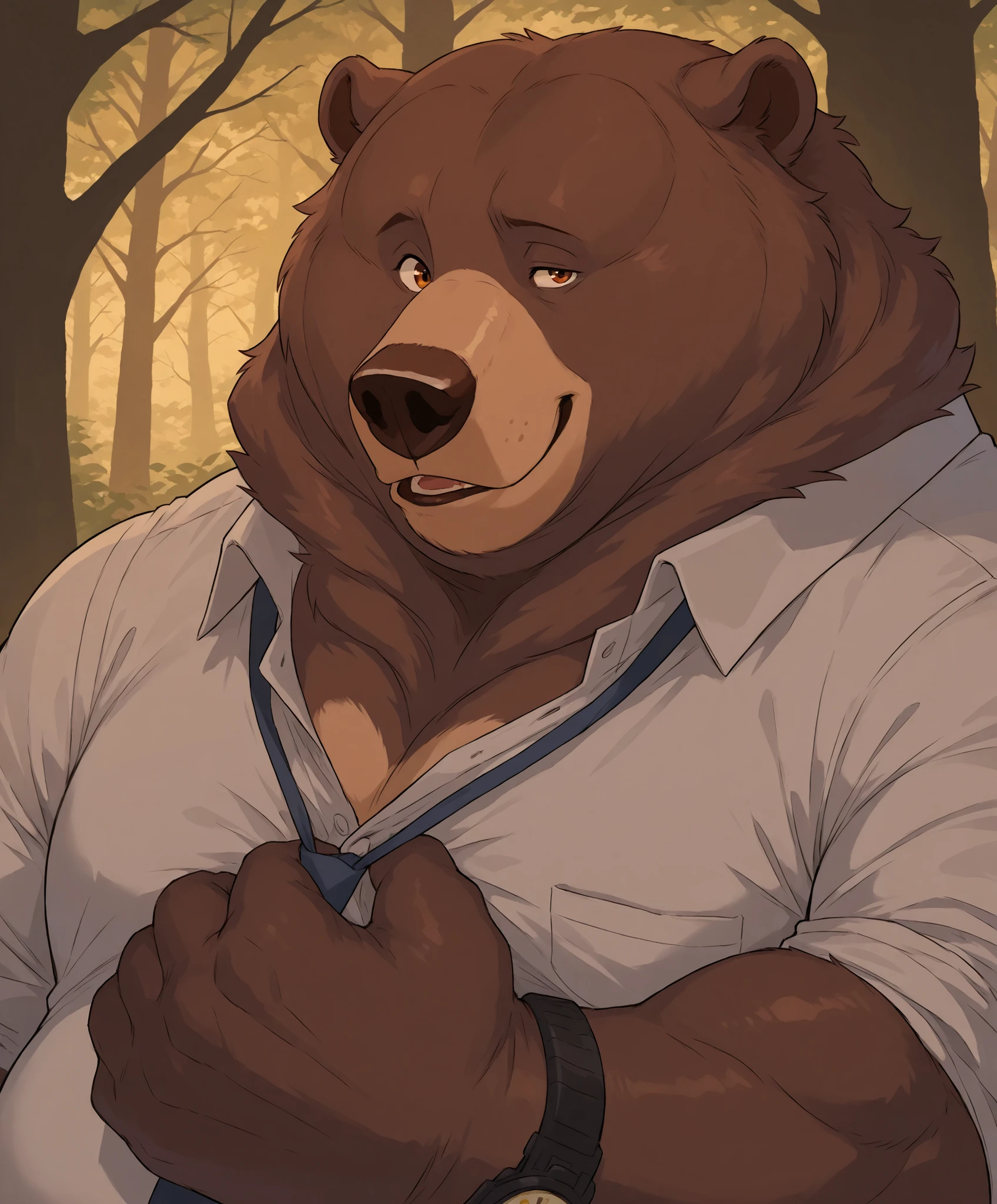 Massive muscular "Tug" Bear; excited showing off white office attire and awesome watch;, fine featured comical expression; burly, (biceps, thick arms), ((obese muscled Kodiak Bear)); Brown fur; (fat Tug Bear; ((fat bulge)); detailed forest background, hi resolution detail, close-up dynamic angle full front-side view; looking at viewer; (Tug Bear: Brother Bear)