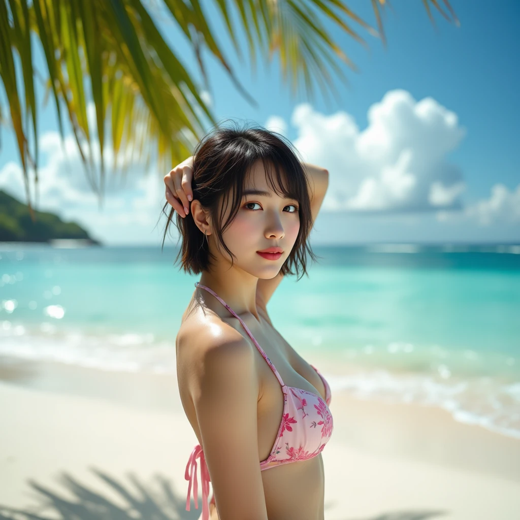 highest quality、(((1 girl)))、Big and ample breasts、Day、The light shines、Blur Background、Bokeh、Ocean)、(people々、かなりpeopleが集まる:1)、Tight swimsuit、Red frill bikini swimsuit、gorgeous short hair、amount:1.0)、eye、Beautiful sky depicted in detail、Wet Hair、(Upper Body:0.8)、Softly lit、Wind、Glowing Skin、Palm tree