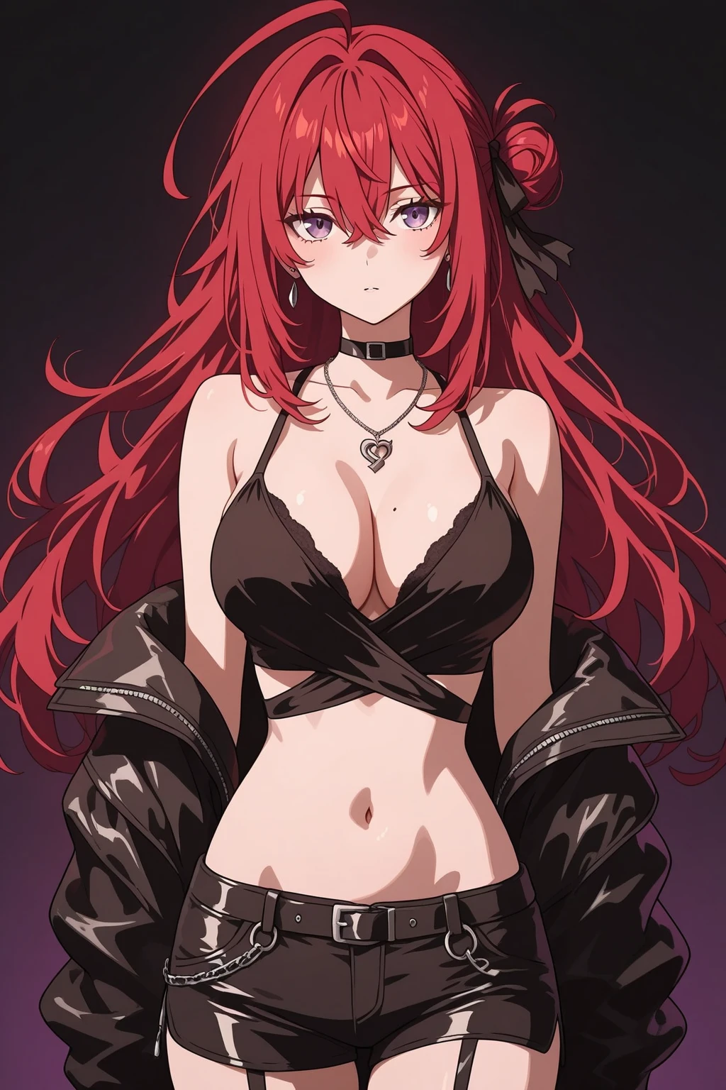 a girl with red hair, the girl's appearance is gothic, she has red eyes, she is 18 years old, she wears black clothes, she has long hair, she has big breasts