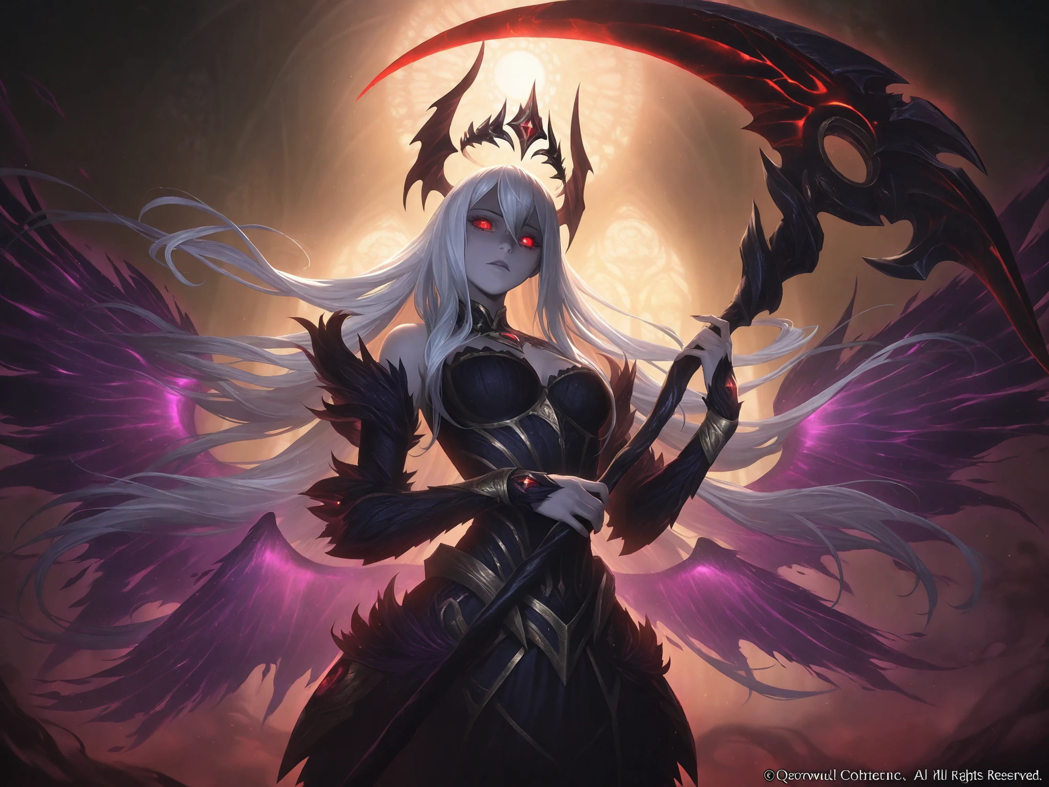 ((masterpiece, best quality)), official art, unity 8k wallpaper, ultra detailed, Amazing dark elf, Dark Angel, mystical aura, ((Obsidian black wings)), flowinggown, deep Purple, Motifs inspired by the occult, ((Crown of thorns)), Poisonous nightshade,   of fire, Dynamic pose, Darkness shrouded, High detail resolution, Mysterious rituals, Dark atmosphere, r1ge, Crazy nothingness, Glowing eyes, Multiple eyes, Horror (Theme), BREAK, highly detailed of (dark elf), (1girl), solo, perfect face, details eye, ponytail, Blunt bangs, (hair between eye), white hair, violet eyes, fantasy art by Artgerm, by Kawacy, by Wadim kashin,BREAK, eyelashes, eyeshadow, pink eyeshadow, (dark skin:1.2), glaring, Mysterious smile, medium breast, BREAK, extremely detailed, dynamic angle, (( moonlight)), Mystic energy, Mysterious rituals, ((Dark atmosphere)),