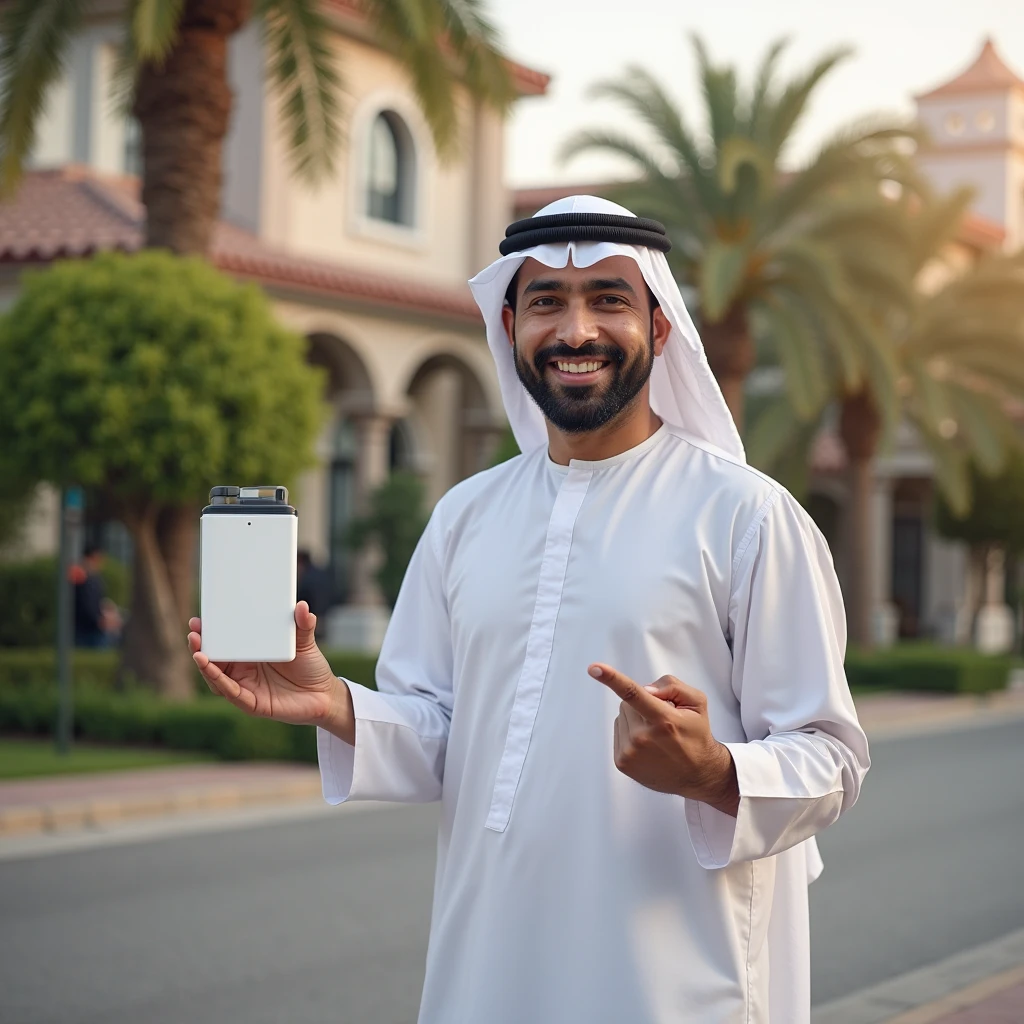 (best quality, 4k, 8k, highres, masterpiece:1.2), ultra-detailed, (realistic, photorealistic, photo-realistic:1.37), The same attractive man with blue eyes and golden hair, wearing traditional Arabian attire, holding a smartphone in his hand and smiling warmly at the camera, his expression is inviting and charming, designed to draw the viewer in, the background is a soft, appealing setting that complements his engaging presence.