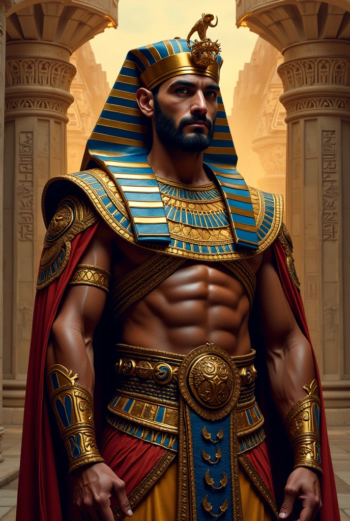 an Egyptian king with fair skin,short dark blonde hair,tattoo and blue eyes 