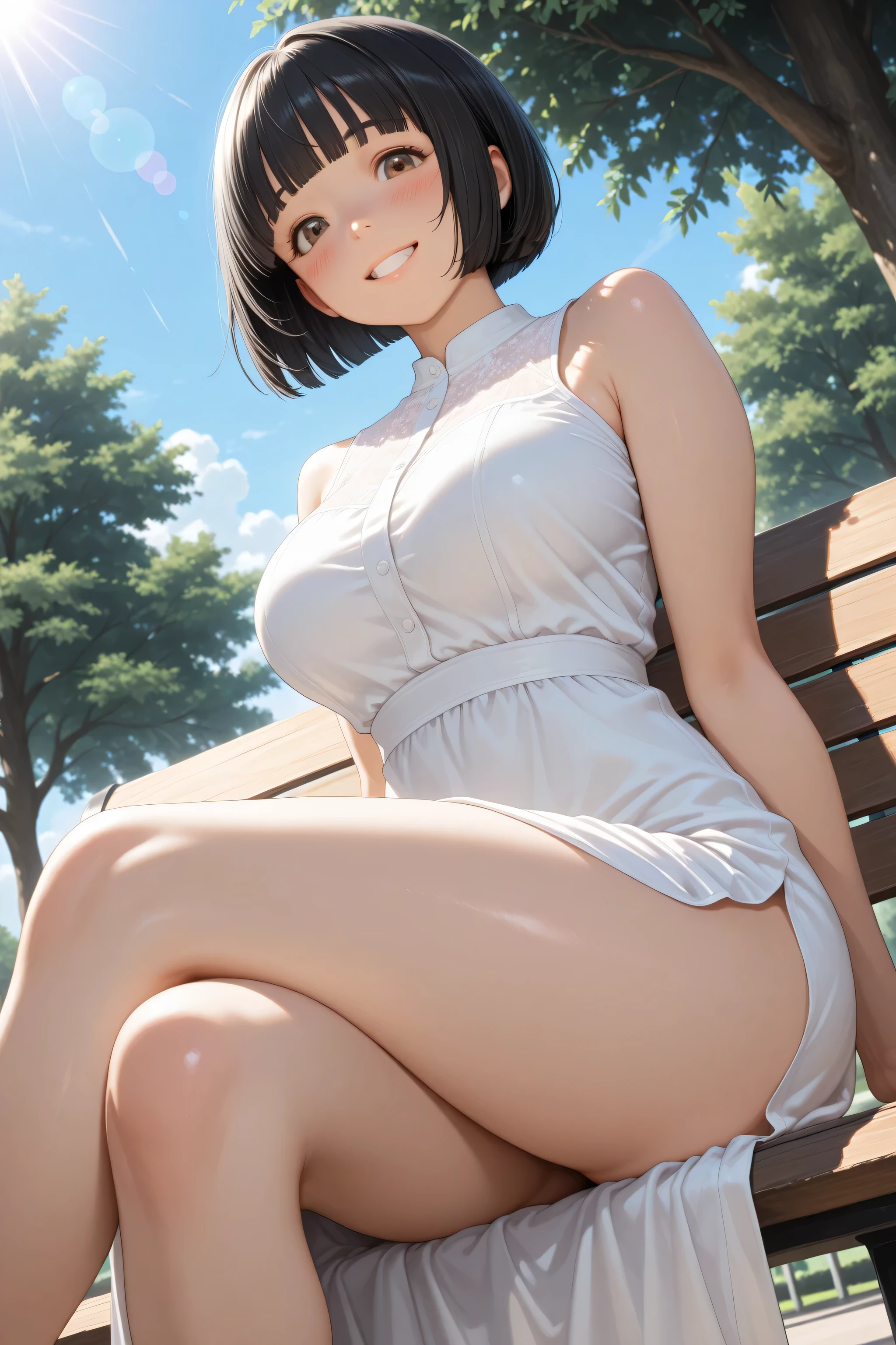 1girl, solo, full body portrait, white camisole vest, high heels, yoga attire, stockings, masterpiece, best quality, realistic, ultra-detailed, (shiny skin, sweating: 1.4), looking at the audience, light blue short hair, red eyes, slender, dynamic light and shadow, high resolution, sharp focus, depth of field, fine eyes, sharp pupils, pupil realistic, (C cup: 1.2), (skin white: 2.0), (long legs: 1.8), (clothes transparent: 1.5), outdoor, sky
