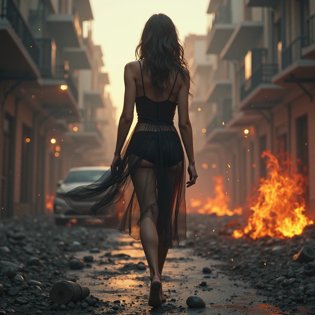 (1woman, full body), a woman is running, woman escapes, (solo woman:1.3), lady wearing a long lacy torn electric blue dress, wind rises her long skirt showing perfect buttocks. she turns her Beautiful face to the viewer, handbag in her hand, realistic hands, high-heels. She runs down Matera streets. sassi_di_matera, tuff walls. City landscape. She escapes from fire and smoke, Beautiful perfect worried face. Closed eyes, cying, slightly open mouth, smooth skin, real pores, (windyupskirt), back view, (woman is running:1.5), best quality, fine details, {{masterpiece, best quality, extremely detailed CG, unity 8k wallpaper, cinematic lighting, lens flare}}. ((extreme detail)), (ultra-detailed), best quality, ultra high res, (8k, RAW photo, masterpiece, realistic, photorealistic:1.4), 8k uhd, dslr, absurdres, ray tracing, high quality texture, intricate details, detailed texture, finely detailed. Dramatic dark lights, night illumination, skirtlift, she is alone in terrific place, fear, low angle