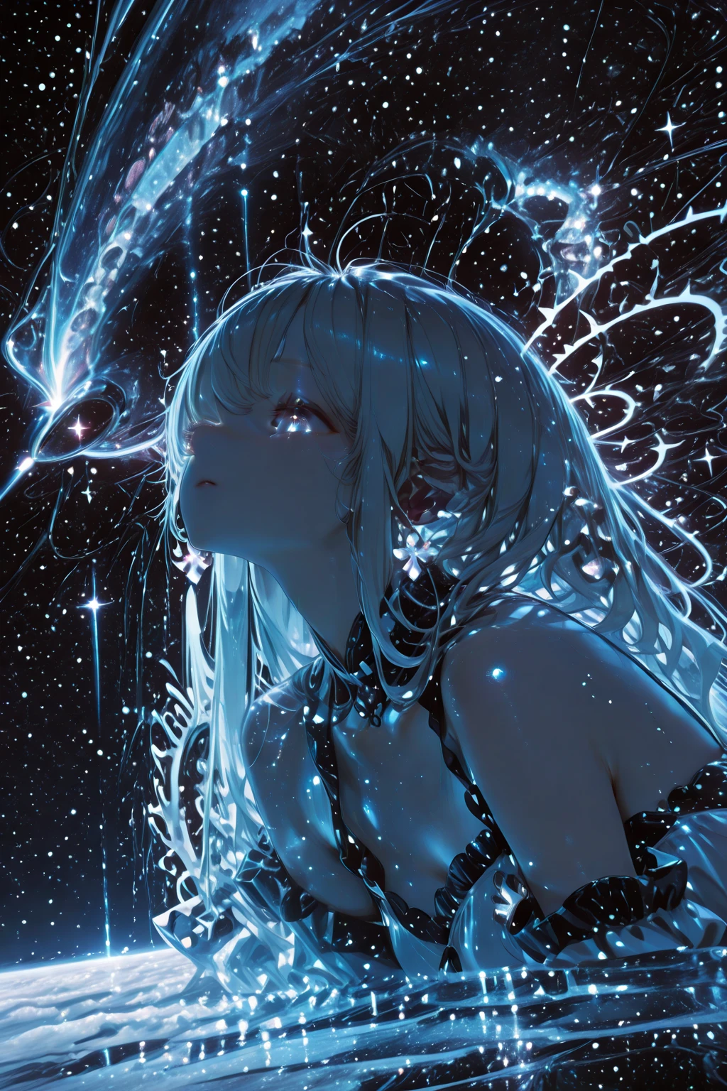 A young woman is captivated by an old radio, whose face reflects a mixture of wonder and enchantment. The radio emits a soft, ethereal glow, symbolizing her magical allure. symbolizing her heightened sensory experience as she listens intently. The setting is surreal, with dark, macabre colors and abstract shapes representing the ether into which she is being drawn. Her eyes are closed, emphasizing her deep connection with sounds. In the background, there are hints of distant places, symbolizing his secret desire to travel through the ether. The image is rich in vibrant details, creating a dreamlike and mystical atmosphere.