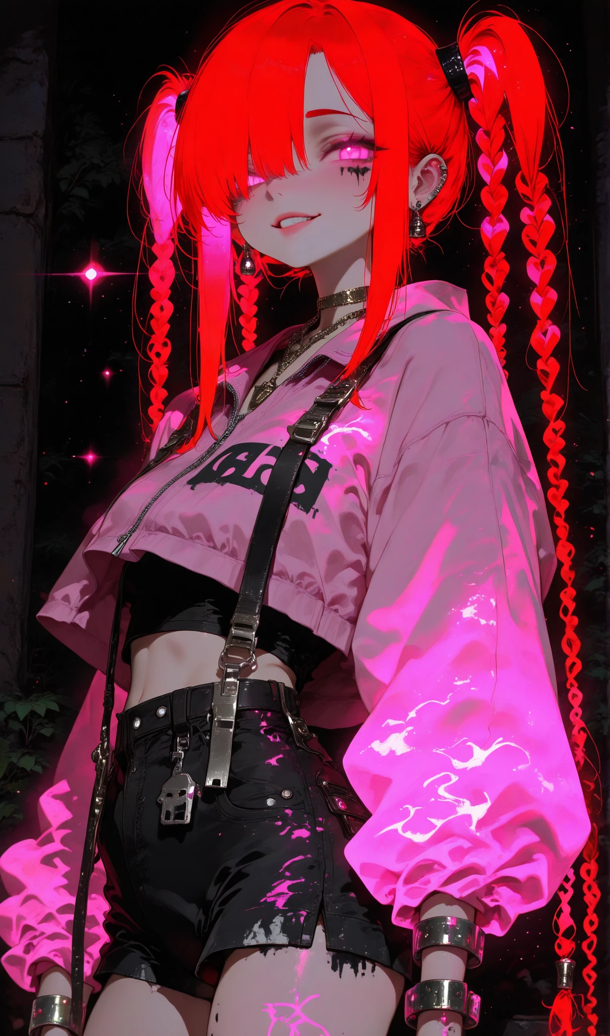 (masterpiece:1.35), (very aesthetic, best quality:1.3), highly detailed, backlit, absurdres, close-up view, detailed shading, solo, bracelets, tattoos, septum piercing, piercings, looking at viewer, parted lips, smile, teeth, adorable, cute, flat_anime style, no lineart, ink color, ink style, monochrome style, thin circle style, dark background, transparent background, (glowing color:1.5),
Outdoors, chromatic aberration, light particles,
1girl, young woman, bratty, punk makeup, perfect tan skin, perfect face, expressive, (petite), slender, Female, red hair, braided twintails, multiple braids, very long sidelocks, hair over one eye, attractive, black nails, rings, necklace, smooth skin, pink eyes, happy, hair behind ear, lips, eyelashes, eyeliner, eyebrows,
Standing, dynamic pose, black tanktop, cropped jacket, pink-camoflage, pink jacket, long sleeves, microshorts, loose and oversized shorts, straps, suspenders, zipper, buckles, intricate details, complex layering, complex outfit,