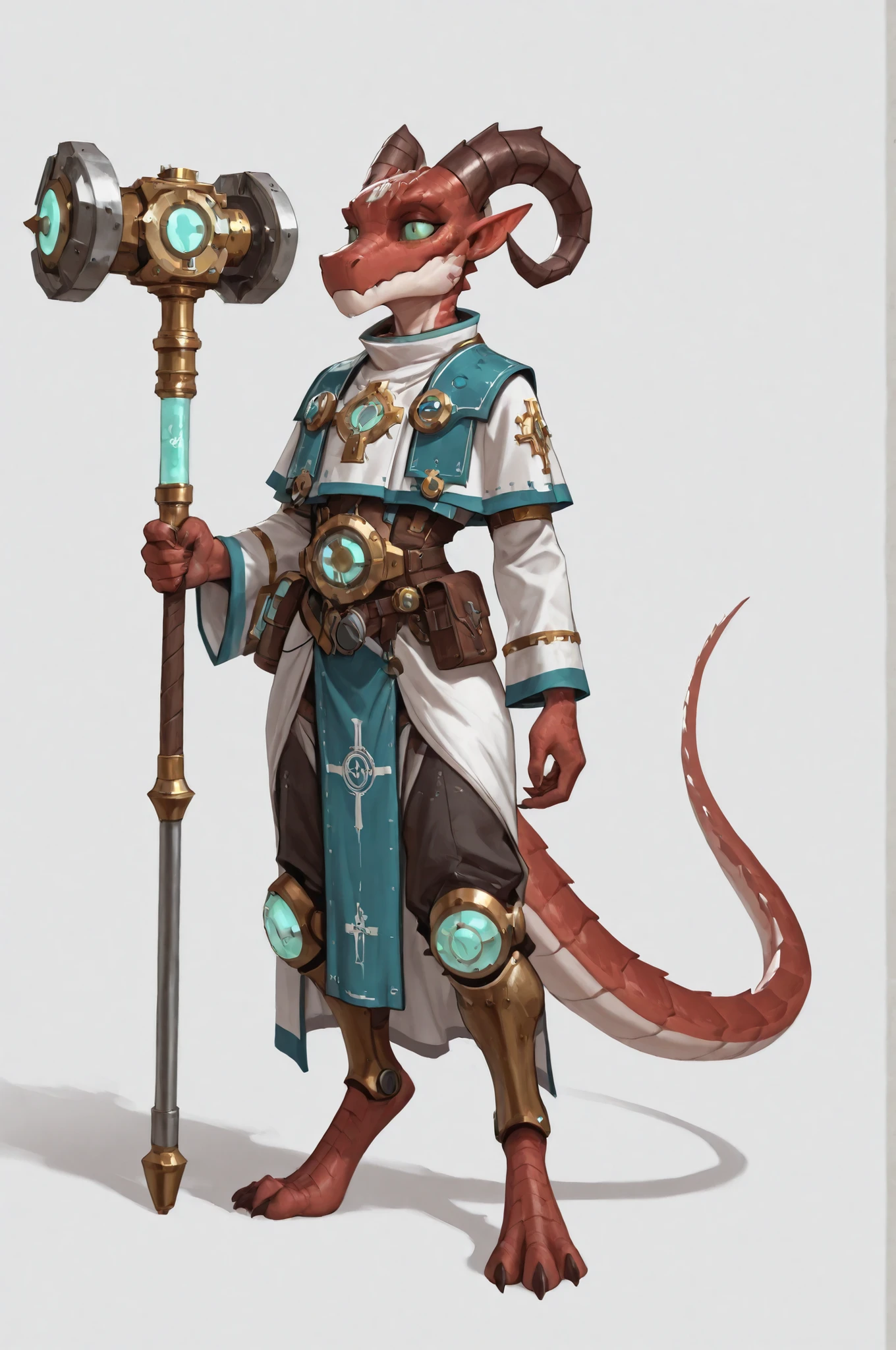 adeptus mechanicus, white robe, tech priest, pointed ears, long draconic snout, lean physique, kobold, red scales, great horns, artificer class, artificer's clothes highly detailed, best quality, holding great iron hammer