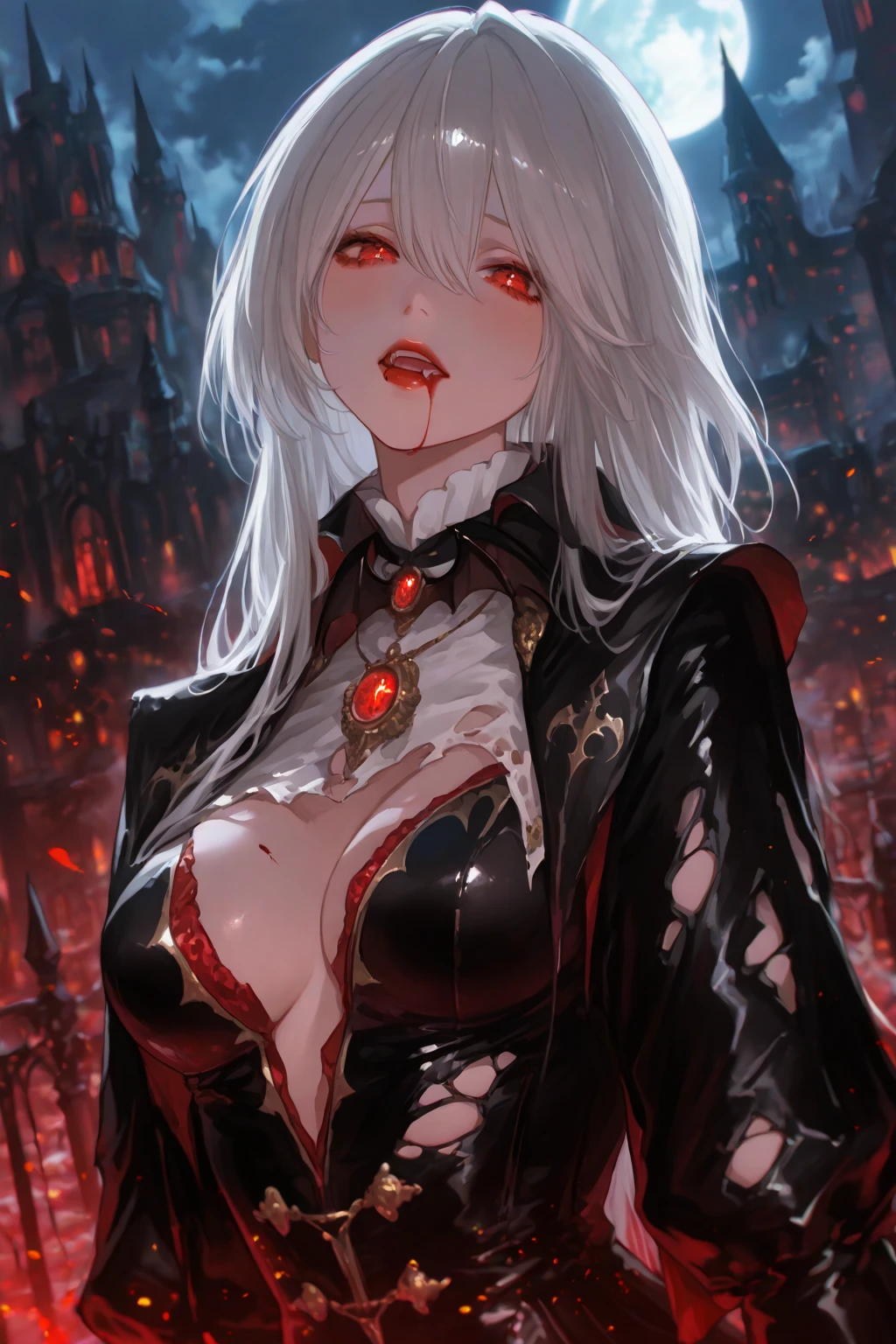 High-quality, blood-drenched background, dimly lit, 1female, The short white hair with ruby eyes was splattered with blood, Blood dripping seductively from her hand, A sensual allure echoing in her gaze, Teeth elongated into fangs, Cloaked in a voluminous floor-length dress, stained with crimson hues, Contributing to the eerie elegance of the scene, A table beside her, adorned with a vintage candelabra, Dripping wax forming a trail leading to a pile of discarded broken rosary beads, A red satin undertone subtly highlighting the bloodstain pattern