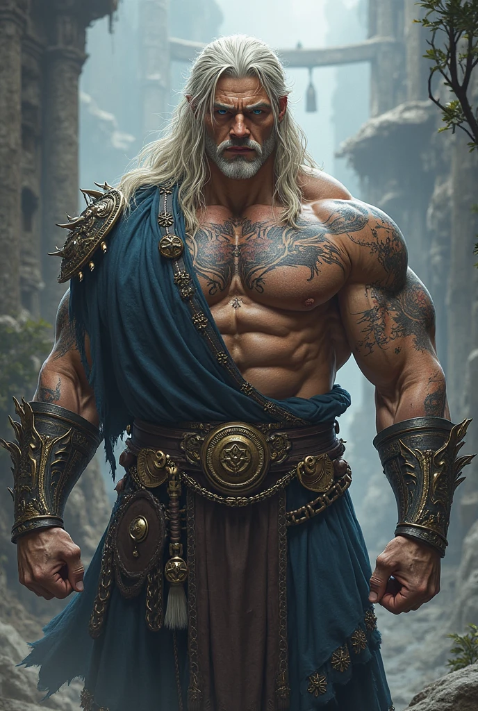 Iron is an imposing jotnar, with a height of 4 meters. His skin is a pale gray tone, almost like stone, dotted with natural markings that resemble ancient runes etched into her flesh. These marks seem to glow faintly in the moonlight., giving it a mystical aura. Her hair is long and pure white., cascading over his broad shoulders and back. She wears it tied in a high ponytail or in thick braids so that it does not interfere with her movements during combat.. On beard, also white, It is thick and well maintained, reaching up to his chest. His eyes are a deep blue color, like the ice of glaciers, but with a serene and penetrating gaze that reflects his wisdom and experience. Iron&#39;s body is covered in well-defined muscles., evident even under their thick skin. Despite its size, Their movements are fluid and controlled, result of years of karate practice. Wear a simple but functional outfit, composed of a hakama made of resistant fabric, made of a dark material that contrasts with your skin. Around his waist he wears a wide belt, made of arctic beast leather, on which hang amulets of bone and stone, symbols of their connection with nature. On his arms and legs, Iron wears reinforced fabric bandages, that help protect their limbs during combat. These bandages also have a symbolic meaning., representing the discipline and control he has learned through his training. on your feet, wears thick leather sandals, Although in combat he prefers to be barefoot to feel the earth and the energy of the environment..