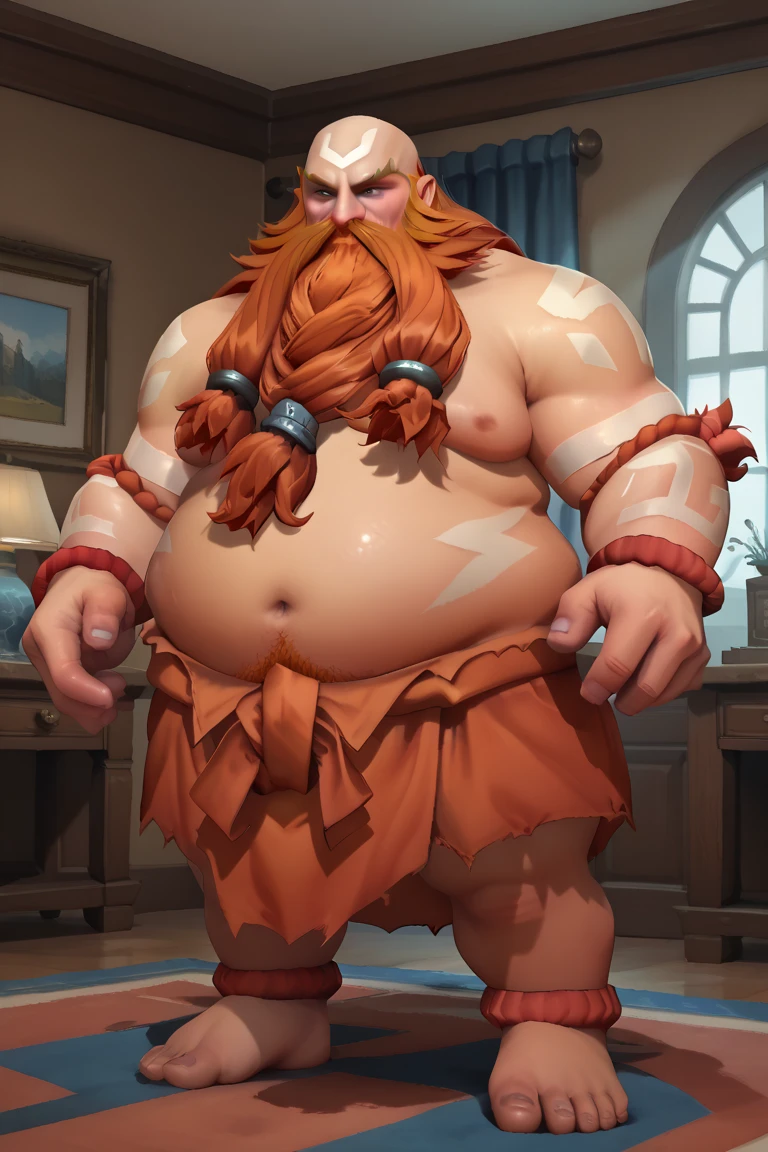 Big musclar strong man wearing viking armor, big red beard, long red hair, bushy red eyebrows, slightly big nose, wearing no shirt, fat,