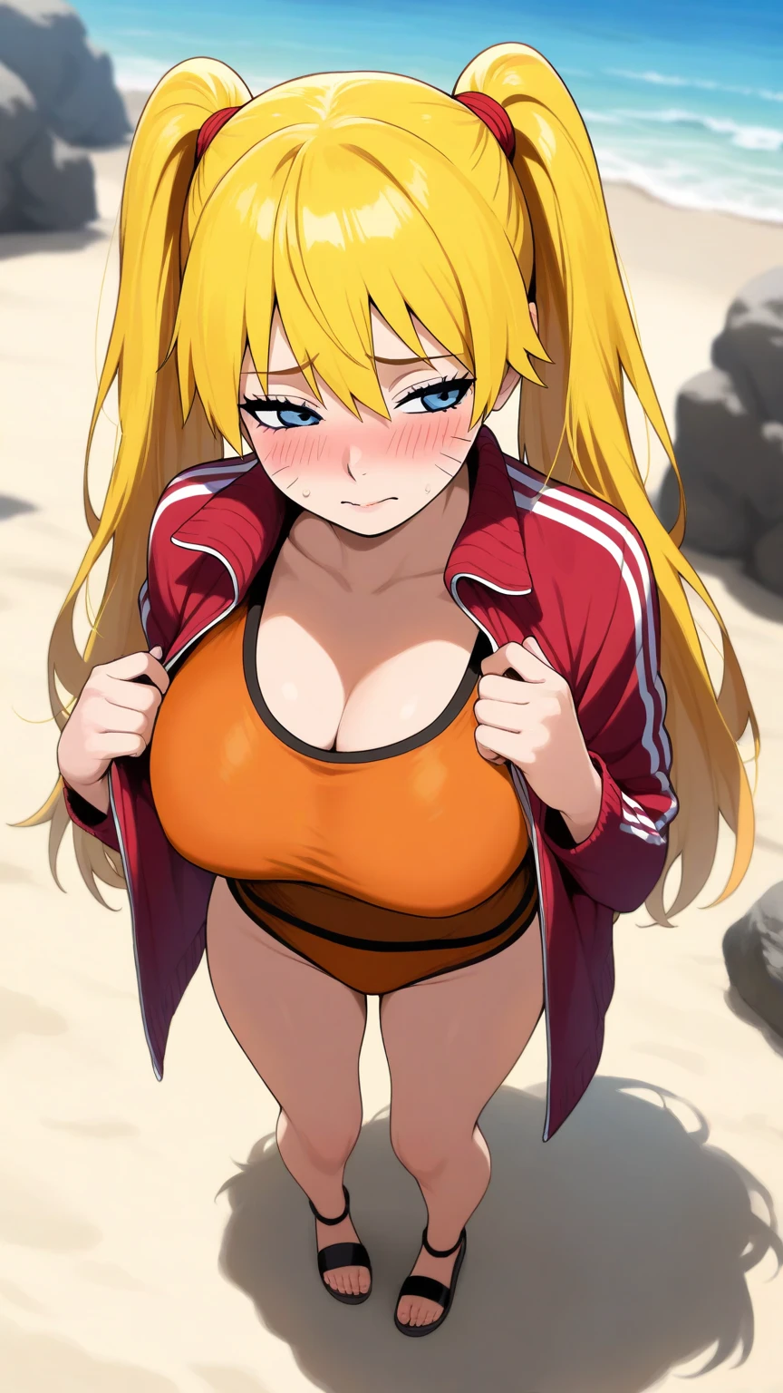 (8k, RAW photos, top quality, masterpiece: 1.2), (High Quality), ray tracing, HDR, (High Details), (Face detail), (Shadow Detail), (amplected), stylized blush, 3d, 3d render, 1girl, solo, masterpiece, best quality, high quality, highres, 4K, perfect anatomy, rendered eyes, seductive glare, partially closed eyes, lip gloss, makeup, woman, detailed, cleavage, thick thighs, 1girl, solo, masterpiece, best quality, high quality, highres, 4K, tohru, orange hair, slim waist, long hair, horns, beach, yoga pants, sports bra, yoga pose, full body,