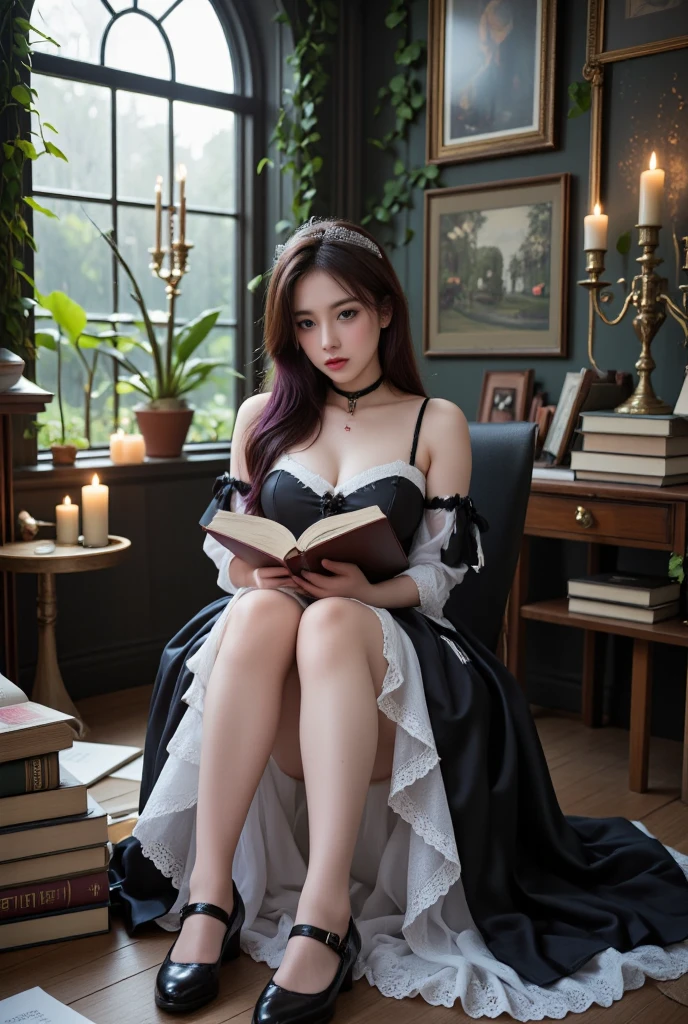 Dark style、Succubus、Devil's Daughter、Bat Wings，(((Demon Hornlack-rimmed round glasses))))、(((Colossal tits)))、(Devil's Tail),（Woman lying on bed）1 girl, Silver hair, striated hair, Bangs, Blunt bangs, Long hair, Pink hair, aqua eyes, longeyelashes, Purple eyes, makeup, Smile, Parted lips, Realism, Verism, surrealism, depth of fields, One-person viewpoint, retinas, masutepiece, ccurate, Anatomically correct, Textured skin,（Coarse short sweater）Floats off the shoulders、off shoulderlack tight skirt（（Full Body Angle））、stick out buttocks）、（shapely breasts,)、((sexypose)))、(camel's toe), tongue、Vaginal orchids、Runny Vaginal Discharge、Blowing tide、Very beautiful breasts、Grasp your breasts with both hands、sexual excitement、 Expressions、shinny skin。realisitic、(Kpop Idol)、Medium Hair、(Pink blush)、(illuminating)、(solo)、dynamicposes、((erectile nipple))、(Puffy eyes:1.２)、 (Slim legs)、erotick