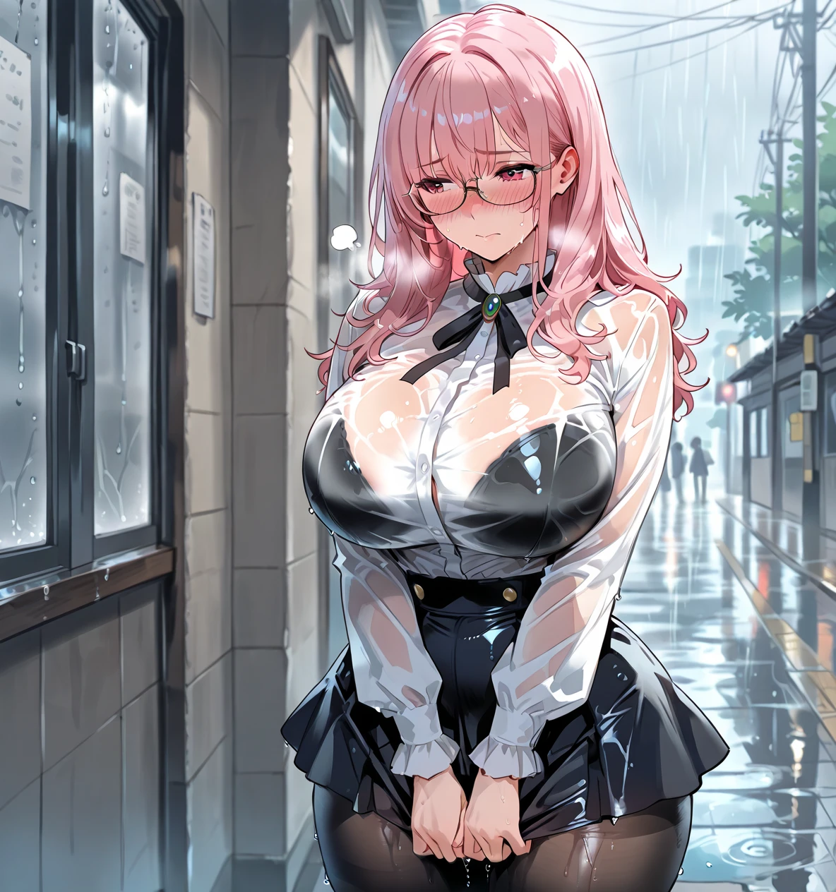 girl, full length, white uniform shirt, erect nipples, blue pleated uniform skirt, braless, rainy weather, wet clothes, wet hair, see through shirt, large breasts, suburban background, walking down street, long pink hair, green eyes