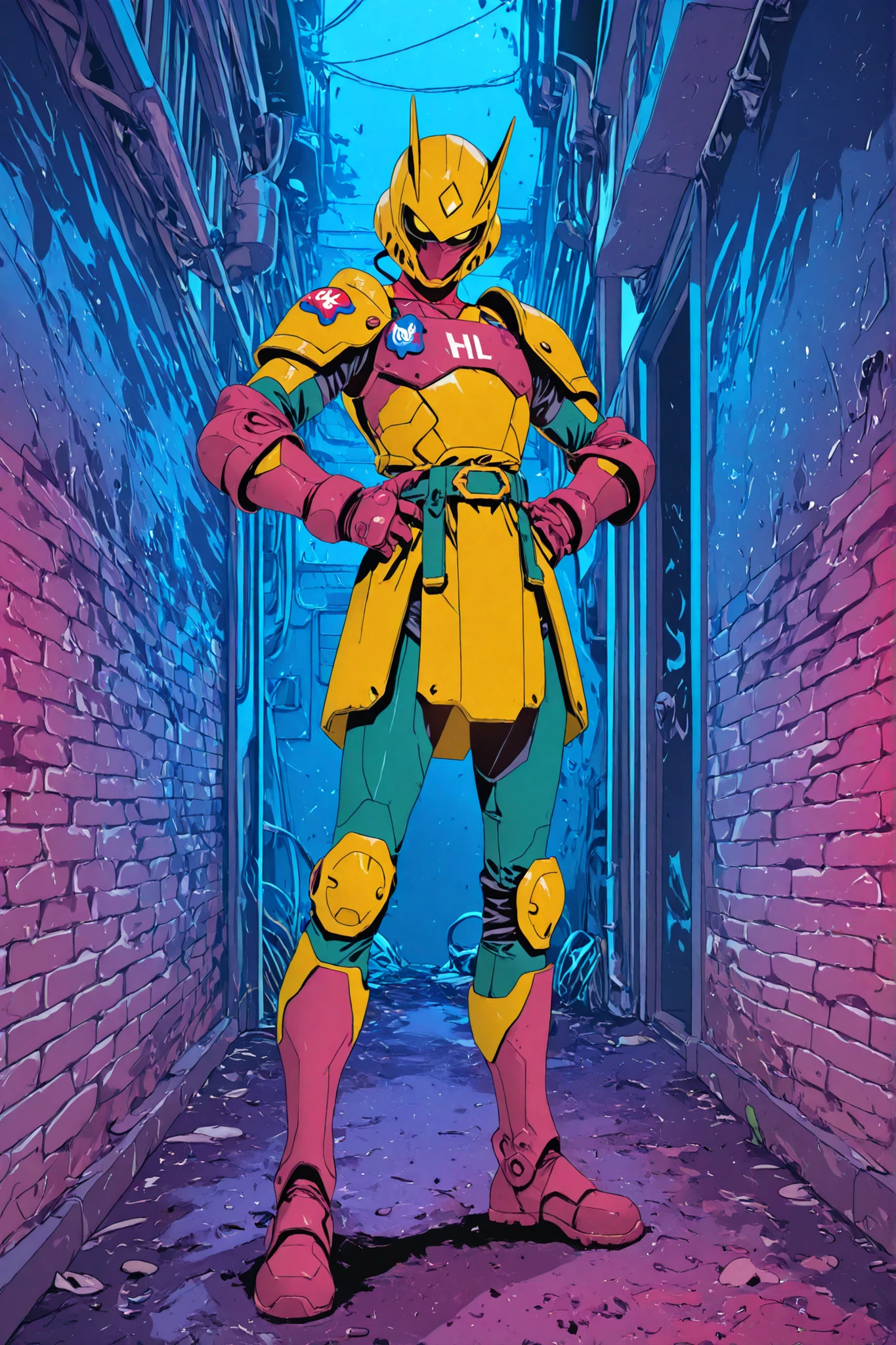 1man, futuristic armour, colorful armor, metal armour, super-hero armour, mecha-suit armour, (Yellow armor), armour skirt, futuristic plate armour, mostly yellow armour, yellow torso, heavy armour, red gauntlets, red shoulderpads, red armoured boots, red cloured neck, blue hips, blue wrists, blue helmet decal, green kneepads, green belt, green elbow pads, yellow helmet, angular helmet, pale-orange eyes, black sclera, (bright colours), evil stare, hands on own hips, arrogant, looking at viewer, dark, dark alleyway, intense stare, night, brick walls, best quality,