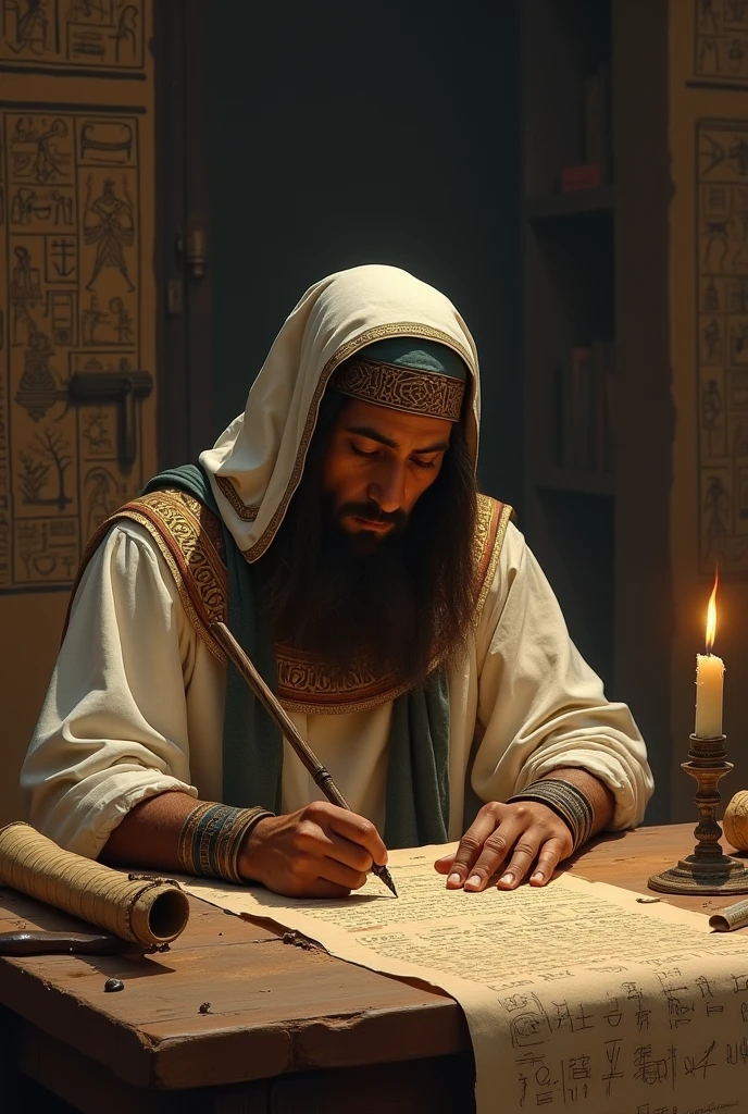 Zachariah, from Israel, writes on a wooden writing plate with an ancient pen while others look at him