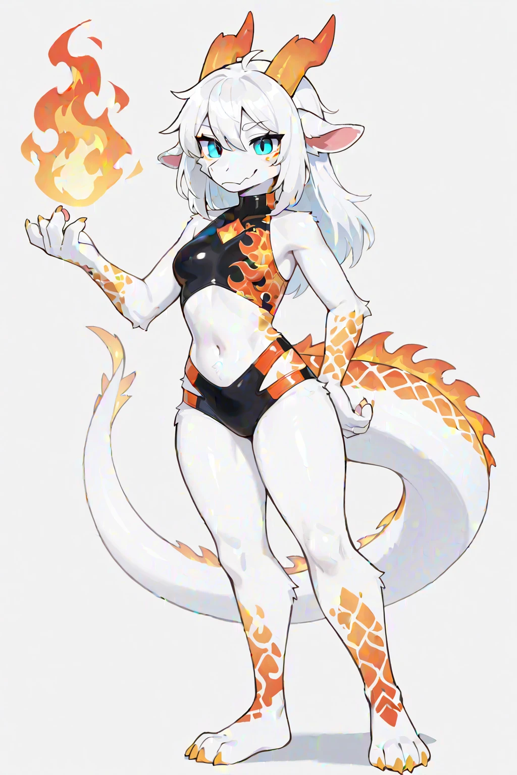 Plump female white dragon head, Giant white dragon wings, Golden Dragon Horn,With shiny white scales and a long tail. Wearing a simple and sleek red mini bikini armor. . Brass knuckles on both hands,Posture straight,Full body portrait,Expression smile