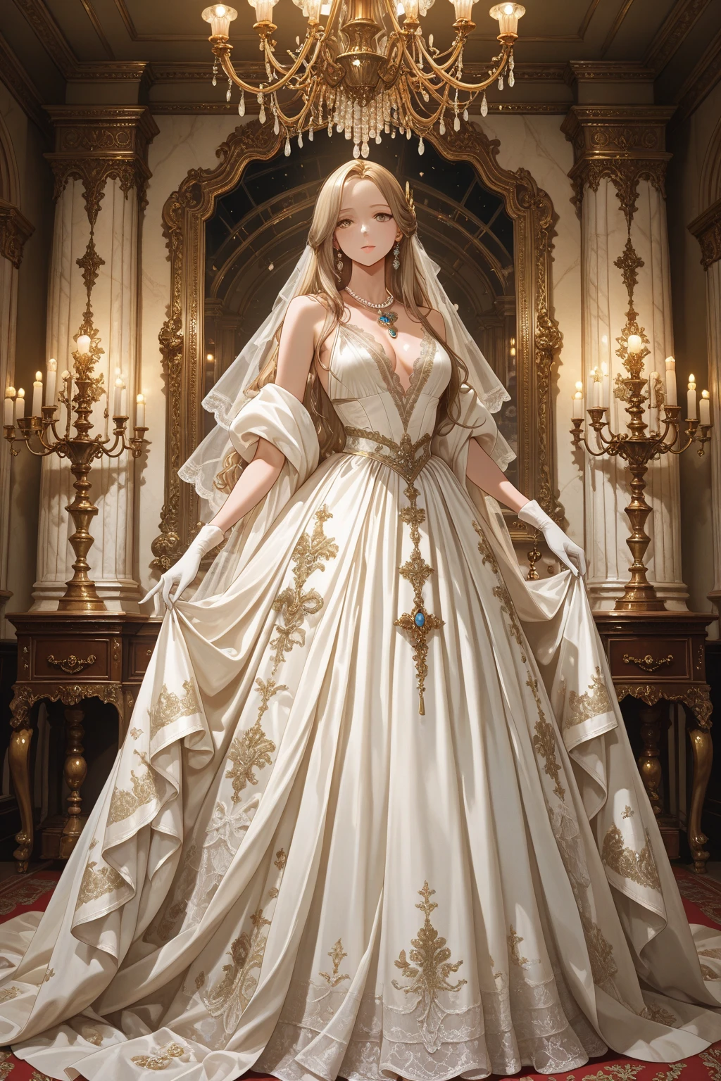 ((anime artstyle)),(Masterpiece),(Best Quality), (Super Detail),((Very Delicate and Beautiful)),Focus on character,Dynamic Angle,Looking at viewer,((Solo)),standing,((full body)),((one princess in gorgeous ball gown wedding dress with voluminous skirt)),((June bride)),detailed face and eyes,jewel-like eyes,((Very Long voluminous Hair)),gorgeous embroidery and lace,((gorgeous corsage)),See-through,(Gorgeous jewelry ornaments),luxury hair ornament,luxury big tiara with jewels,ornate ruffles,((gigantic breasts,Long breasts)),indoor,church wedding,((full body)),hoop skirt,crinoline,very long wedding veil,(((fusion of jeweled wedding dress and gorgeous embroidery rococo ballgown))),