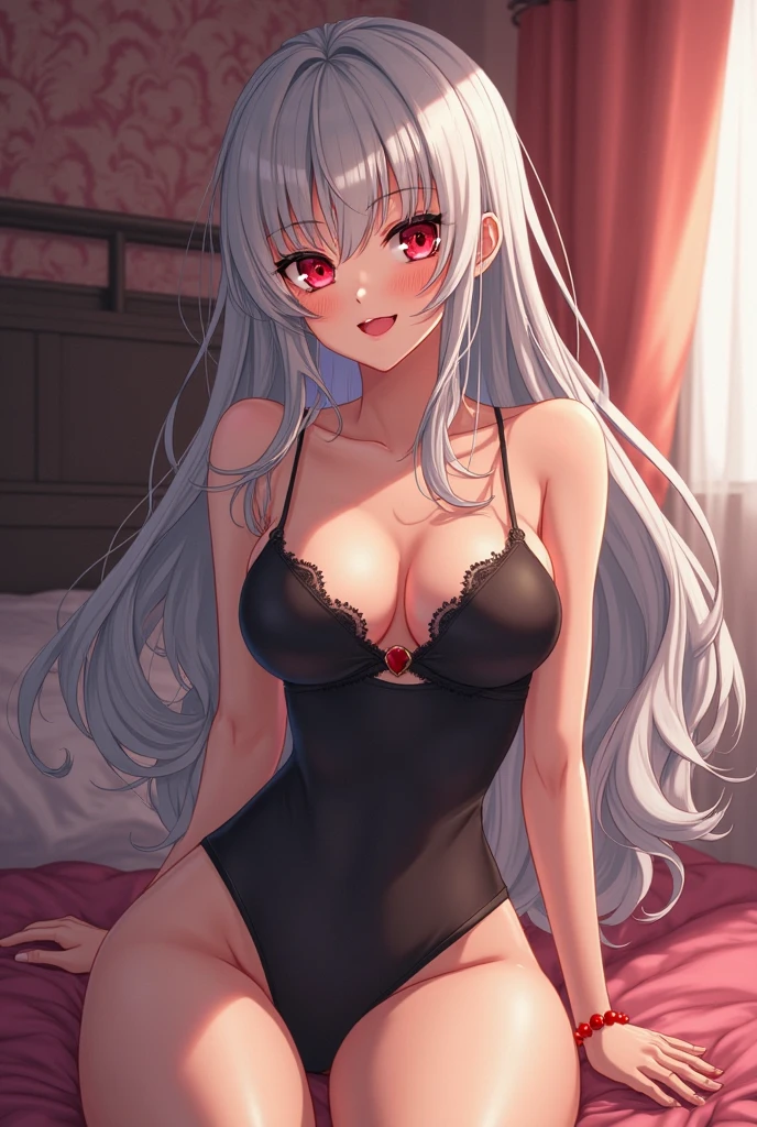 ass, Suou Patra, Chifres, orelhas pontudas, olhos alaranjados, demon horns, demon tail, cabelos prateados, sorriso sexy, peitos medios, apalpando os peitos, sorriso sexy, (alta qualidade, 8k, obra prima, qualidade ultra, extremamente detalhado, bem colorido, no blurries, foco absoluto, Impeccable quality), negligee