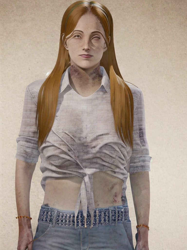 Three white red-haired women with very long hair stumbles through the streets of a ruined city with a naked wet upper body, and a bleeding gunshot wound in her left shoulder. An automatic rifle in her right hand, full of mud, blood, and wounds, and wearing a torn skirt. Explosions and fires ravaged the devastated city everywhere.