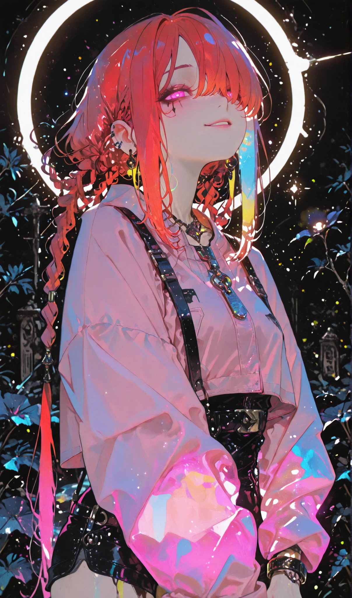 (masterpiece:1.35), (very aesthetic, best quality:1.3), highly detailed, backlit, absurdres, close-up view, detailed shading, solo, bracelets, tattoos, septum piercing, piercings, looking at viewer, parted lips, smile, teeth, adorable, cute, flat_anime style, no lineart, ink color, ink style, monochrome style, thin circle style, dark background, transparent background, (glowing color:1.5),
Outdoors, chromatic aberration, light particles,
1girl, young woman, bratty, punk makeup, perfect tan skin, perfect face, expressive, (petite), slender, Female, red hair, braided twintails, multiple braids, very long sidelocks, hair over one eye, attractive, black nails, rings, necklace, smooth skin, pink eyes, happy, hair behind ear, lips, eyelashes, eyeliner, eyebrows,
Standing, dynamic pose, black tanktop, cropped jacket, pink-camoflage, pink jacket, long sleeves, microshorts, loose and oversized shorts, straps, suspenders, zipper, buckles, intricate details, complex layering, complex outfit,