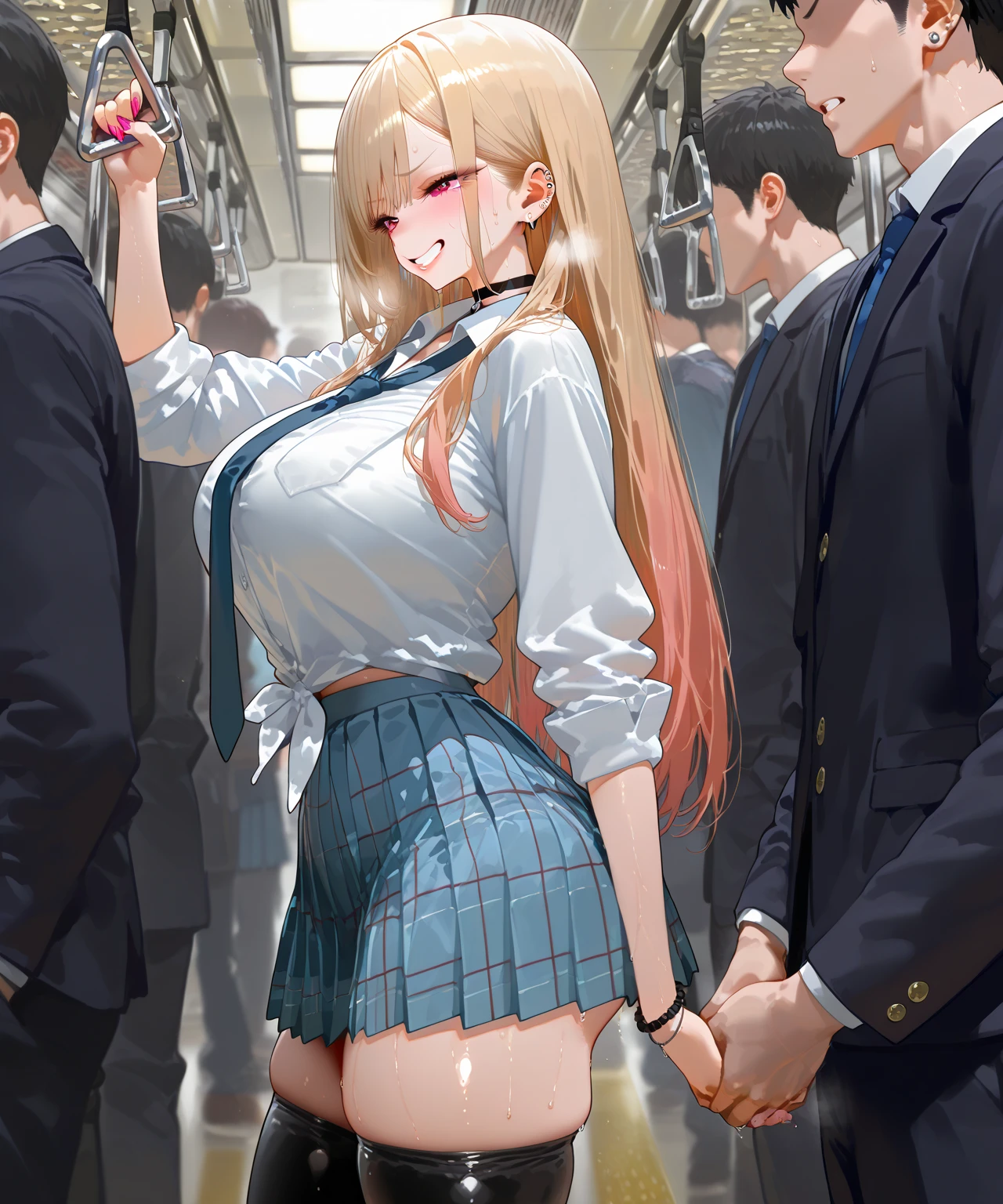 Man girl、top-quality、超A high resolution、Colossal tits、breastsout、Wavy blonde hair、Picture-perfect face、、Beautiful expression、beauitful face、beautidful eyes、High School Uniforms、Schoolgirl Uniform、a miniskirt、White T-Pack、beauty legs、Subway train interior background、In a crowded train、(A lot of men on the train、Male molesters、 on the train)、(((( A man stands behind a schoolgirl、A man lifts a skirt from behind a schoolgirl、A man grabs a schoolgirl in the ass from behind、A man grabs a schoolgirl by the chest from behind、Touching the chest))))、(insertion(SEX)　、 on the body、Massive )、fear expression、blushed face、