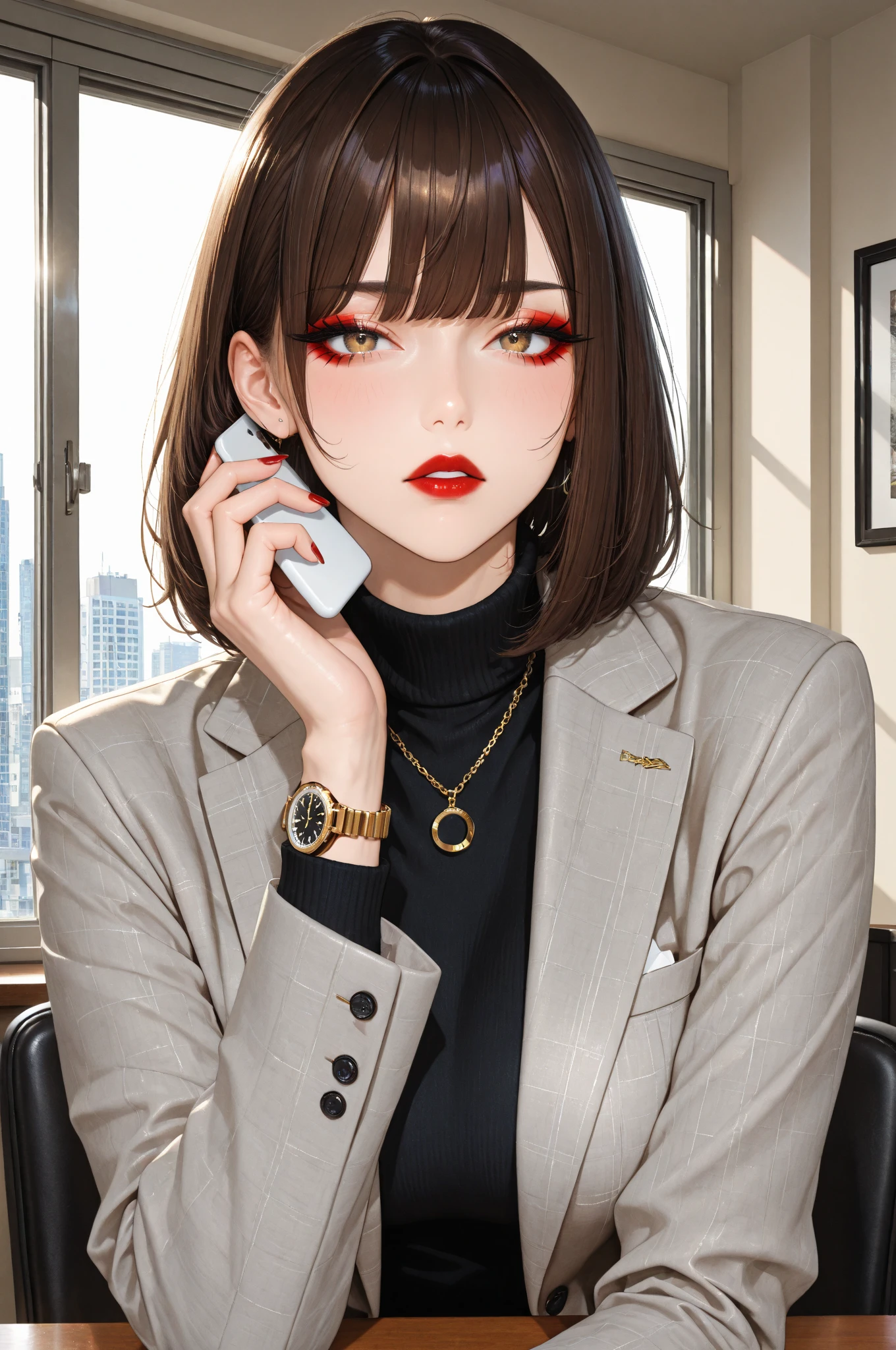 Female Big Breasts business woman, Short brown hair, Putting on makeup, Wear business attire, sexy, cute, Fuller lips, Applying lipstick, Black clothes, Brown eyes, Big Breasts, Have a tattoo, Wear earrings