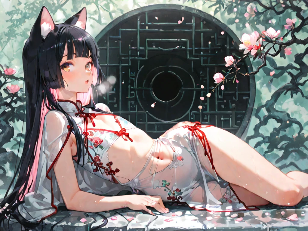 solo, female cat, neko, small breasts, thin body, curved thighs, detailed breasts, detailed vagina, naked, nude, no clothes, black ears, sitting on floor, holding knees, spread vagina, yokai, monsters, black medium length messy hair, green eyes, ,disheveled, alley, ancient japan, masterpiece, high quality,