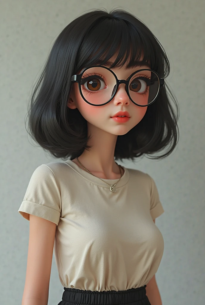 blythe doll with extremely short black hair and bangs, glasses, dark eyes