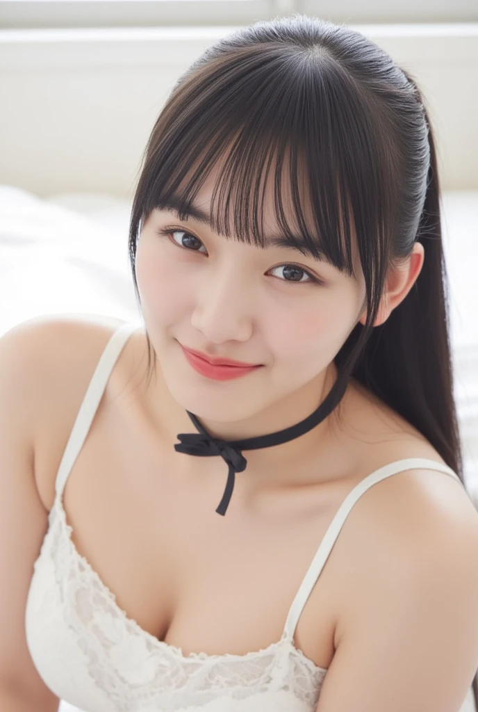 table top, highest quality, 8K, 10 years old, Ten generations, RAW photo, absurd, award-winning portraits, smile, alone, idol face, delicate girl, Upper body, Digital single-lens reflex camera, looking at the viewer, Frank, Sophisticated, thin arms, professional lighting, film grain, chromatic aberration, (Eye and face details:1.0), (Bokeh:1.1) , distant view abandoned house , close your mouth , sailor suit , Wavy black hair ,(big breasts:1.8、You can see beautiful cleavage、random choker)