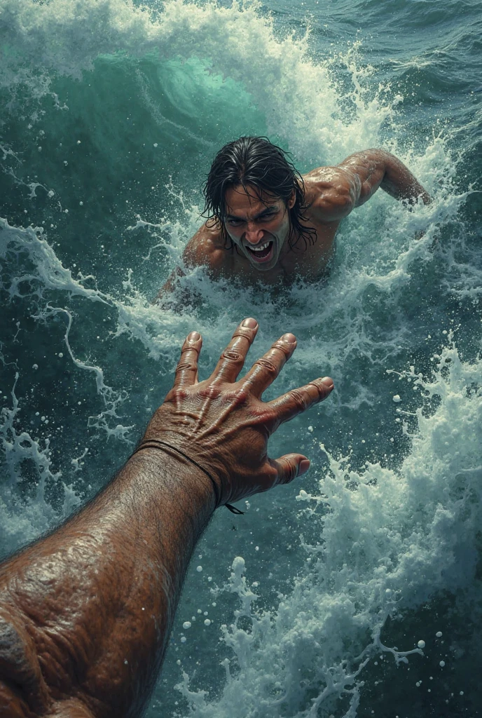 A hand rescuing another person from drowning