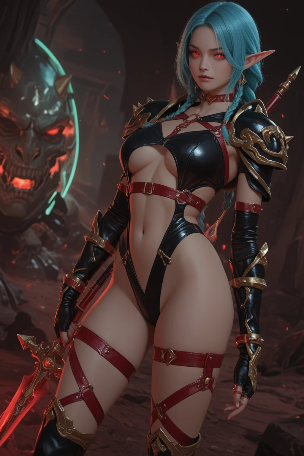 High view, high angle of camera, A beautiful and sexy queen of hell, anime style. walking through a dark, rotten and burnt Hades, showcasing the fiery green hair and thin black horns with incandescent cracks, black tears, golden ornament. Every space and build in the landscape is meticulously rendered, from the most desolate and terrifying hell, creating a visually stunning and immersive world. The overall effect is a terrifying mix of fantasy, glitter and nostalgia, hellpunk and horror anime. 2.5D style anime, close-up, fine quality yellow eyes, fiery yellow eyes without sclera, ultra detailed, Beautiful and aesthetically pleasing, masterpiece, Best quality score, Extremely detailed , dynamic angle, raytraced, middle body, close up, high view, particles and hard lights, angulo picado. green, red, purple and black
