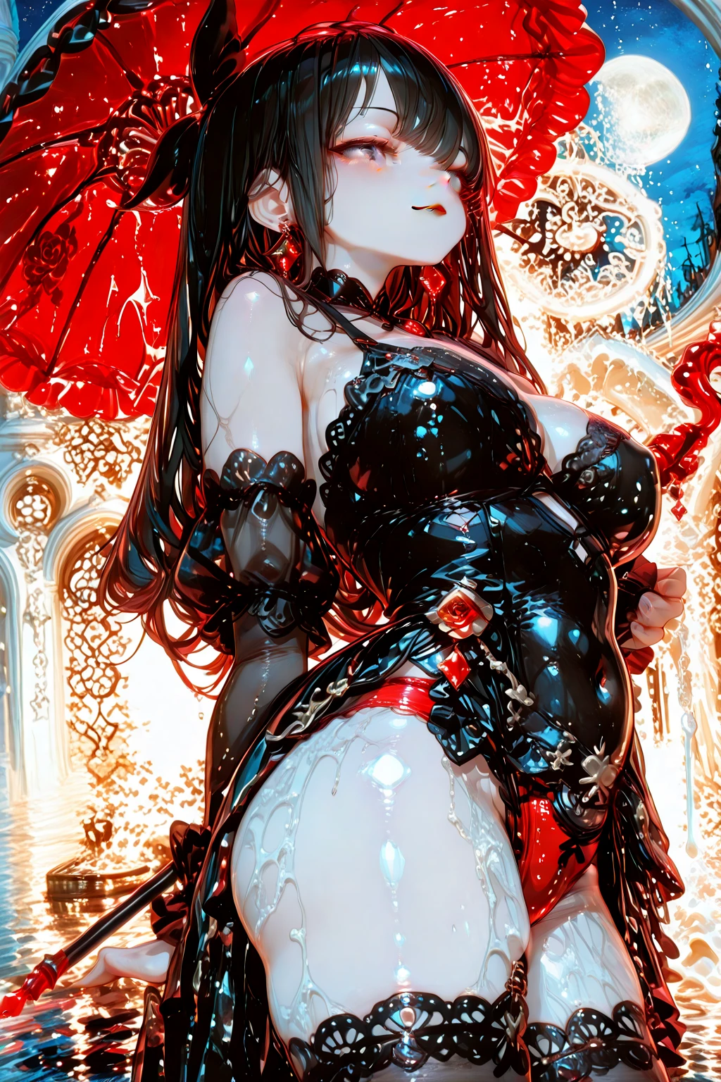 style image of a woman in a black and red lingersuit, seductive anime girl, beautiful alluring anime woman, thicc, swimsuit, black - haired mage, is wearing a swimsuit, marin kitagawa fanart, nico robin, ((a beautiful fantasy empress)), beautiful woman, rin tohsaka, small curvy , oppai proportions full body