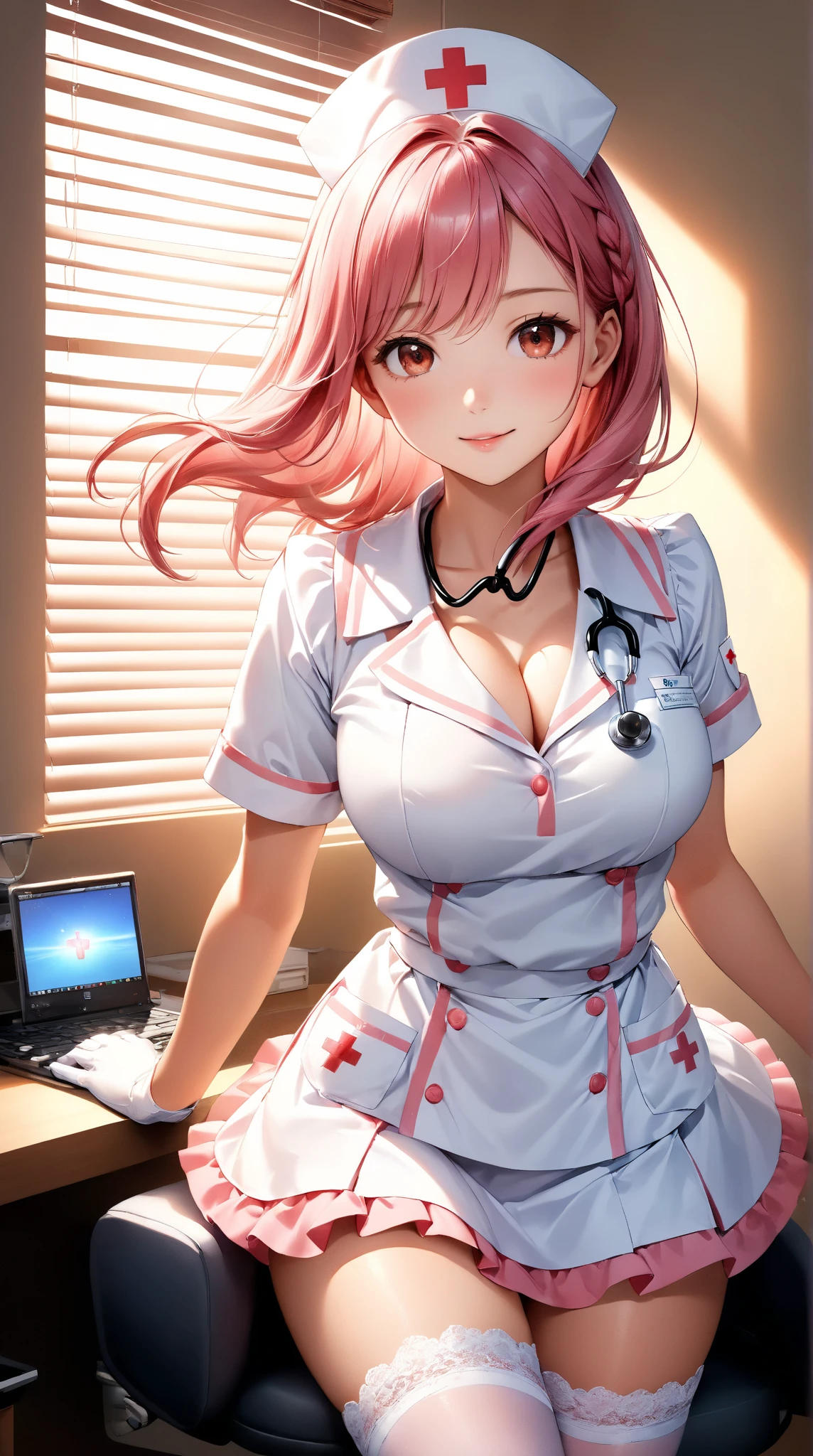 (8K, masutepiece, Best Quality, Official art, 2D, beautiful lighting, The best masterpiece in history that exceeds limits, beautiful detailed), (1 Girl, Solo), (sixteen years old), (beautiful detailed face), (shiny white skin), (Beautiful big bust, cleavage:1.3), (thighs, legs:1.3), (beautiful detailed pink twin tails hair, Bangs:1.3), (beautiful detailed drooping pink eyes:1.5), (white Nurse uniform, short length tight skirt:1.3), (happy smile:1.2), (Attractive, sensational, Look at the camera, cute pose), breathtaking scenery, (hospital, bed, Stethoscope, syringe:1.2),