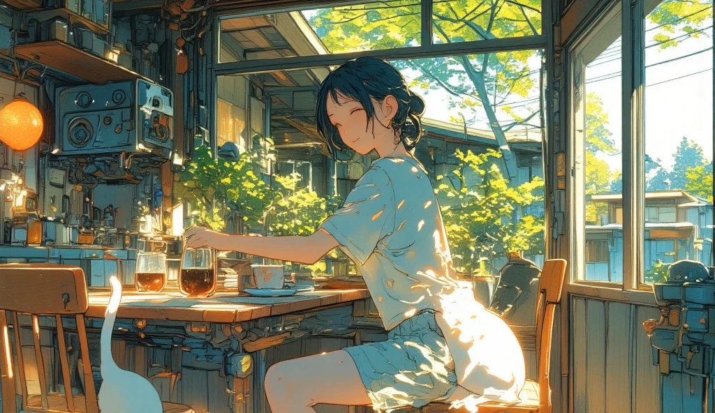 A girl in short sleeves drinking cold juice at a coffee shop、cute、Perfect anime、summer、evening、Nostalgia、Back view、oil painting