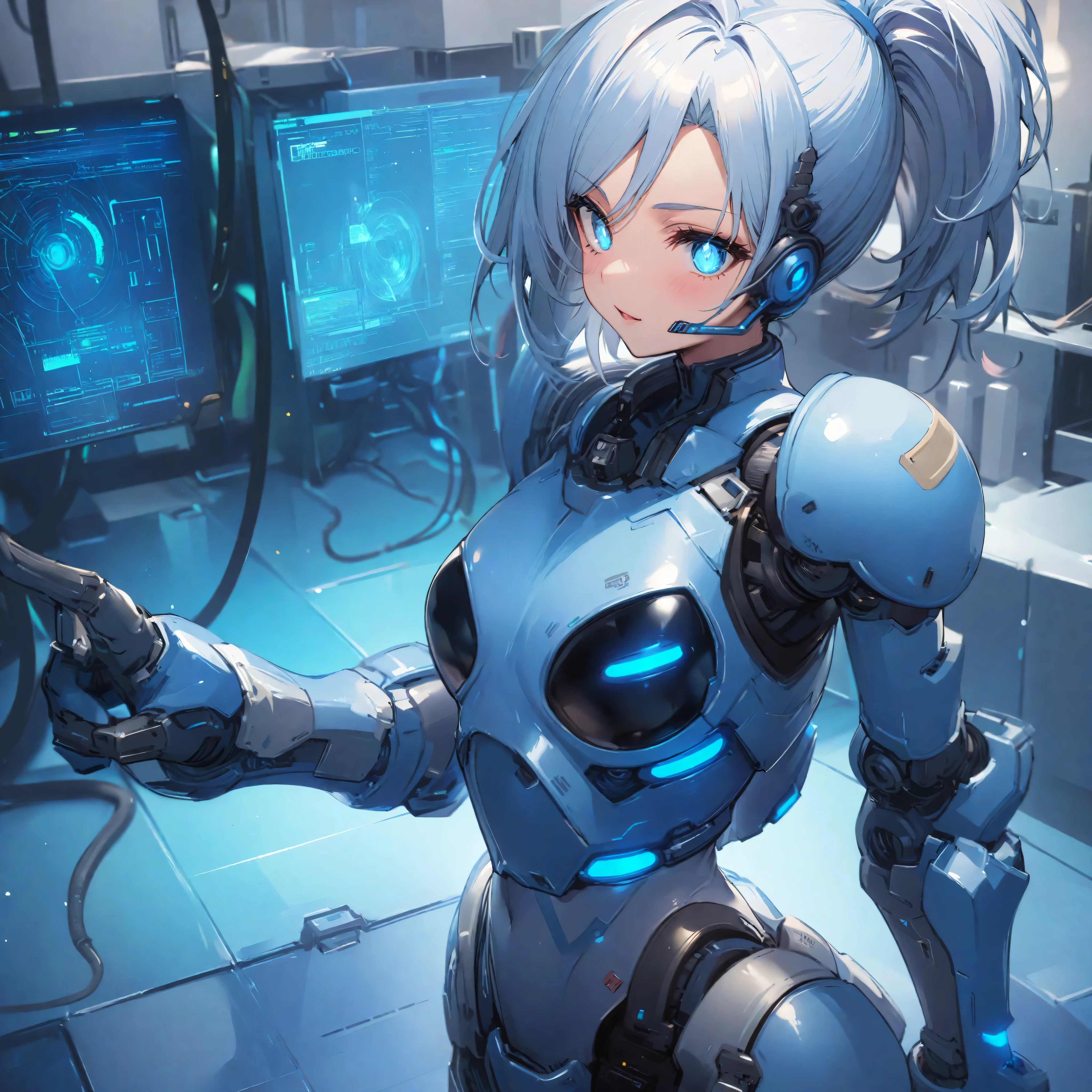 This image shows a beautiful scene in the cyberpunk style，Stunning 8K HDR rendering at the best quality。The entire appearance is silver-white, and the lonely figure sits elegantly，She is a mechanical girl，The entire body is composed of precise mechanical joints，silvery white mechanical limbquisite and delicate，Blood vessels are connected by tubes。She is expressionless，Thin wires and cables in your neck and head。The whole scene exudes a sci-fi atmosphere，Extremely fine details and vibrant colors make it even more vivid。