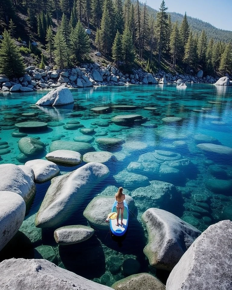 Imagine two women with long messy rainbow coloured hair, swimming in a crystal clear lake in the mountains