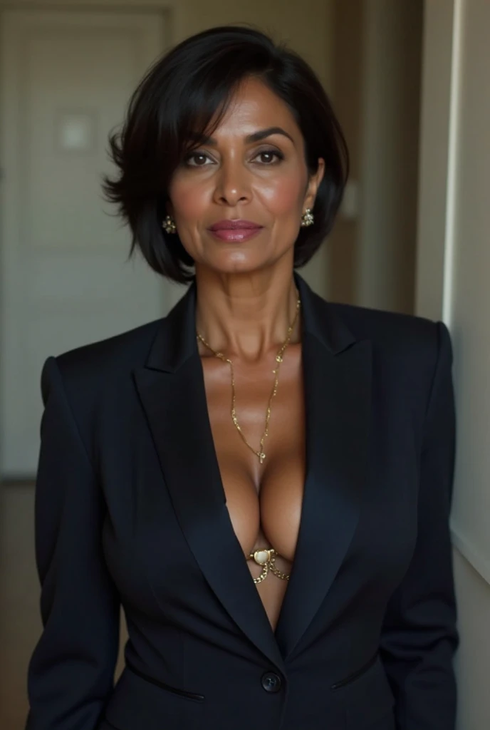 Best quality photo quality 8K,| 55 year old, sexy year old woman,Iranian, black bobcut hair, Sweater with a large neckline breast neckline sexy, stylish,wide_angle, shocked expression, wearing a small key on a necklace, (huge breasts:1.4), ((full body view)), wide hips, thong, large cleavage, ((age 55), mature, old