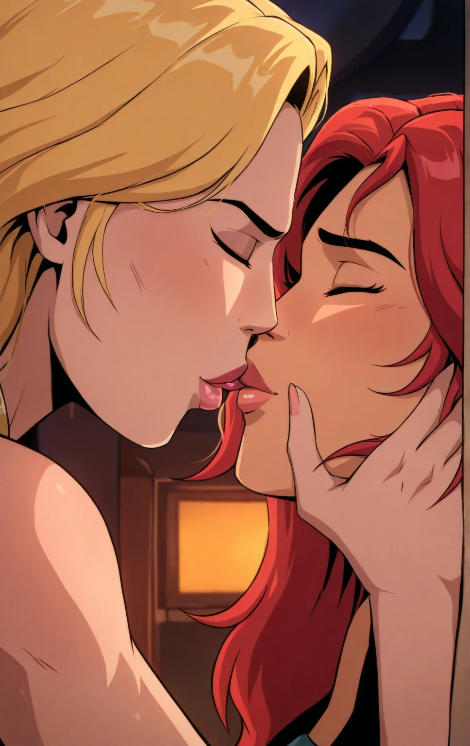 Hot sexy fantasy queen and girl warrior kissing in
Red satin bed, top