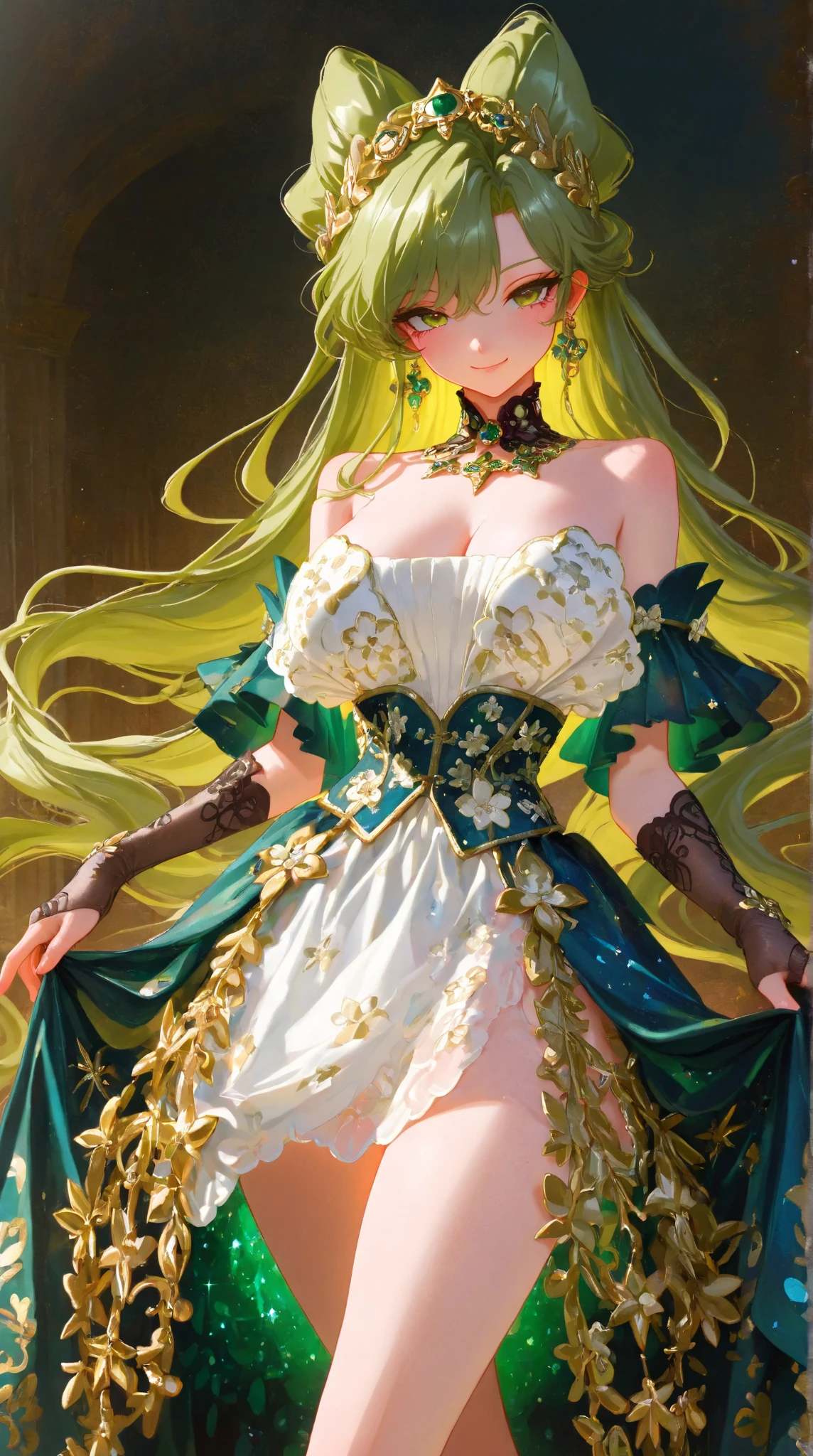 ((anime artstyle)),(Masterpiece),(Best Quality), (Super Detail),(Highly Detailed CG Unity 8k wallpaper),((Very Delicate and Beautiful)),cinematic lighting,1 girl,((full body portrait)),((standing in garden)),((solo)),(((1 fairytale princess in gorgeous embroidery and jeweled extremely gorgeous rococo princess ballgown with voluminous full length hoop skirt))),an hourglass waist,padded and corseted bodice,(((huge crinoline hoopskirt))),long train,((gorgeous embroidery and jeweled)),voluminous frills,See-through,(((extremely gigantic tits,skindentation))),cleavage,((absurdly Long Straight Hair,extremely voluminous Straight long Hair,absurdly Long Straight Hair)),(finely detailed face and eyes),(Blush,Smile),clear pupil,extremely gorgeousfull hair ornament,(bling-bling jeweled extremely gorgeousfull tiara),((bling-bling gorgeous gemstone jewelry)),gorgeous long veil,((ultra long gloves)),(beautiful background),(full body),((gorgeous embroidery and jeweled extremely gorgeous rococo princess ballgown with voluminous full length hoop skirt))