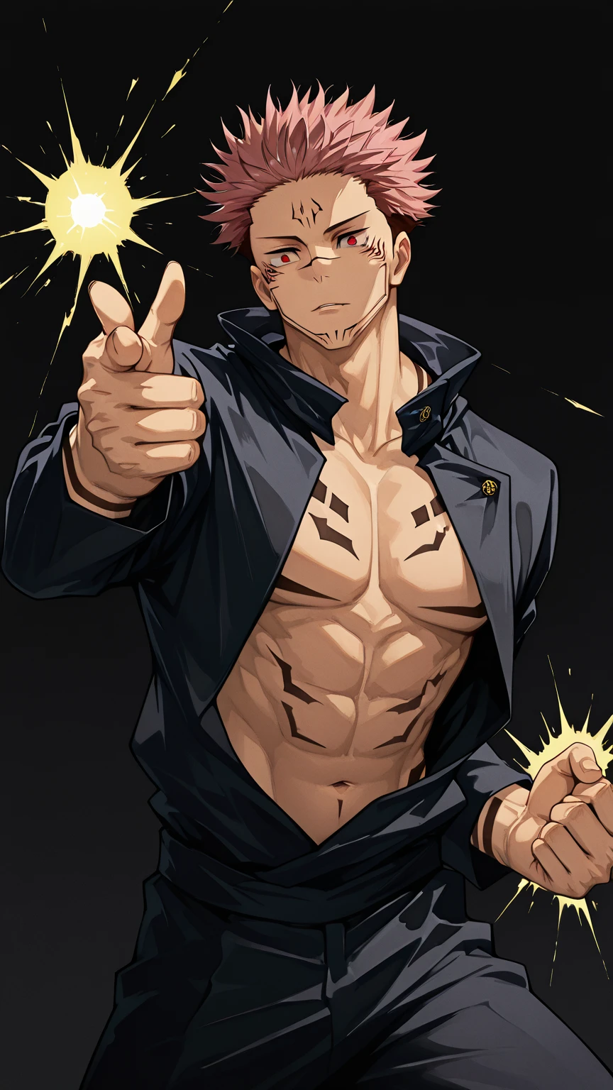Un primer plano de un hombre rudo con tatuajes en el pecho y brazosas,en un gimnasio de boxeo,Chico guapo en el arte de Demon Slayer, Personaje masculino de anime, Arte detallado del personaje de anime, inspired by Itō Ogura Yonesuke, muscular character, Personaje de anime, Estilo anime masculino, Personaje de estilo anime, inspired by Munakata Shikō, Cuerpo completo del personaje, Arte digital de Danganronpa,alta calidad,muy detallado,pelo corto,ojos oscuros,mirada desafiante,cadenas,sin camisa,reloj,pulceras,tatuajes detallados por todo el cuerpo,