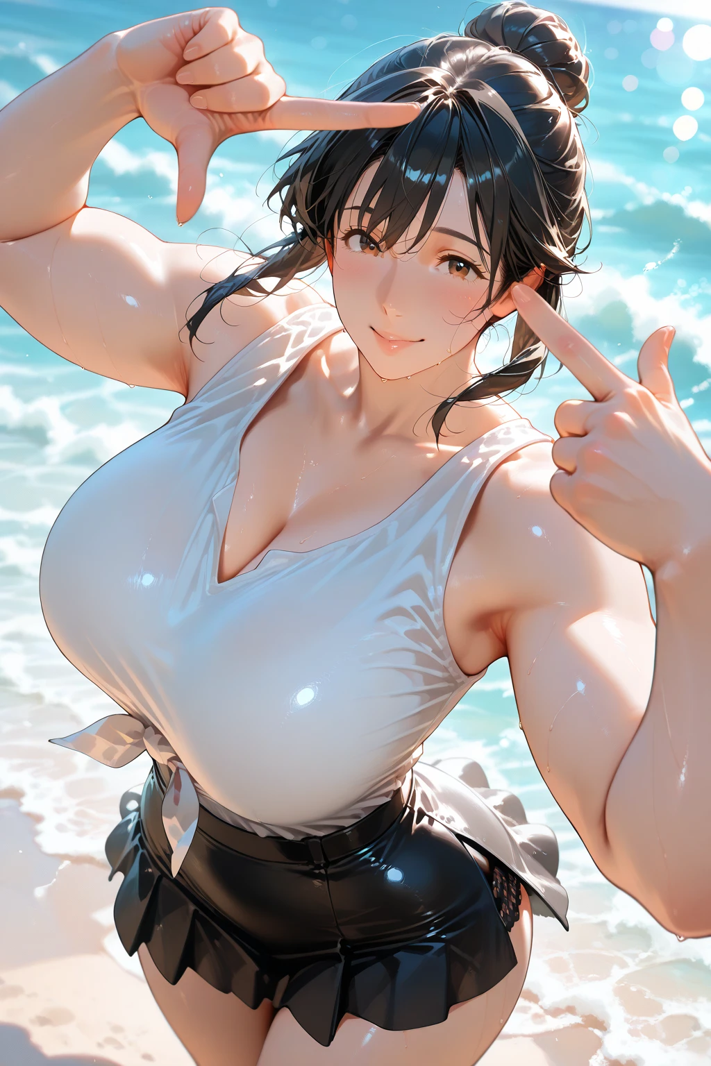 (masutepiece:1.5)、(top-quality:1.5)、(16k wallpaper:1.2)、(Photorealsitic:1.2)、(ultra-detailliert:1.2)、(超A high resolution:1.2)、(Ultra-detailed and realistic skin:1.2)、Detailed and clean eyes、Tsuriformes、Beautiful eyeshadow、(Sea sand beach)、(have intense sex with many men:1.5)、Crowd of men、(long black high ponytail:1.3)、Raise your legs、Natural Color Lip、large full breasts、Superheroine in a revealing costume、(Bright blue cross halter bikini:1.3)、(Screaming:1.2)、put out the tongue、(cum on:1.4)、(upward-eyed:1.3)、(Overflowing sperm:1.2)、Seen from below