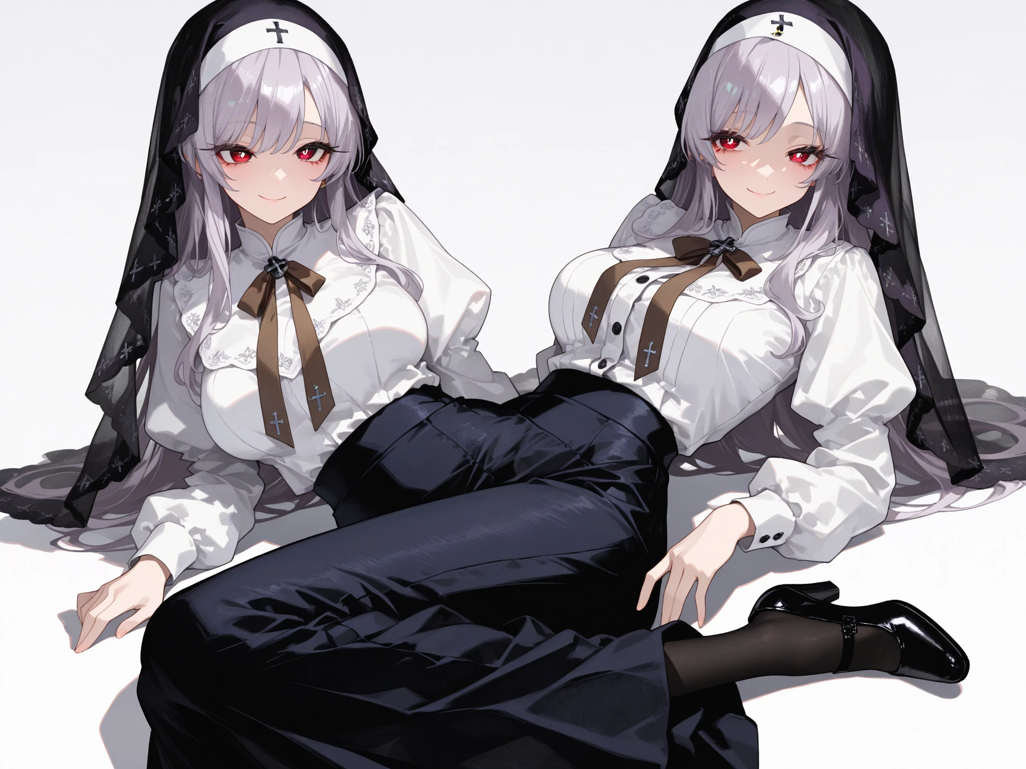 Arknights SilverAsh Super Extra large breasts breast enlargement White fur coat and black tuxedo Standing alone on the spaceship looking at the camera and smiling