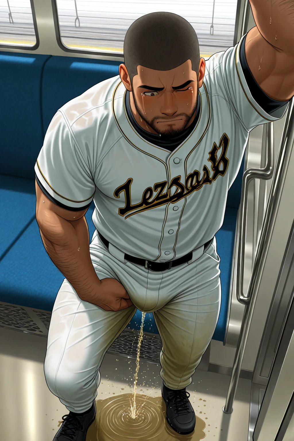 ((highest quality, 8K, Super detailed, : 1.3)),(long shot),(takuma sakazaki),off-center  part  hair, black  hair, （whole body), (middle aged male),Low - Angle,show anus,spread legs,raise your legs, lying on the bed,white bodice jacket,Lower body exposed,cum from anal,expression of agony,blush,sweaty,sweat vapor,Bukkake, spoken heart,erect penis, testis